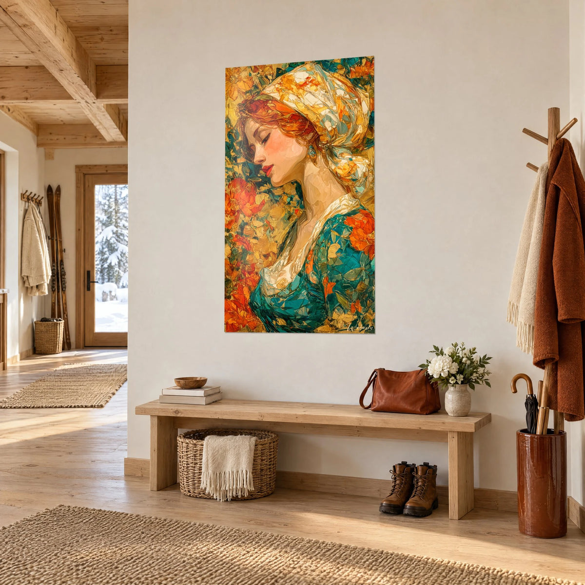 Tableau jeune femme rêveuse aux lèvres rouges, coup de couteau ocre et vermillon, accroché dans l'entrée d'un chalet
