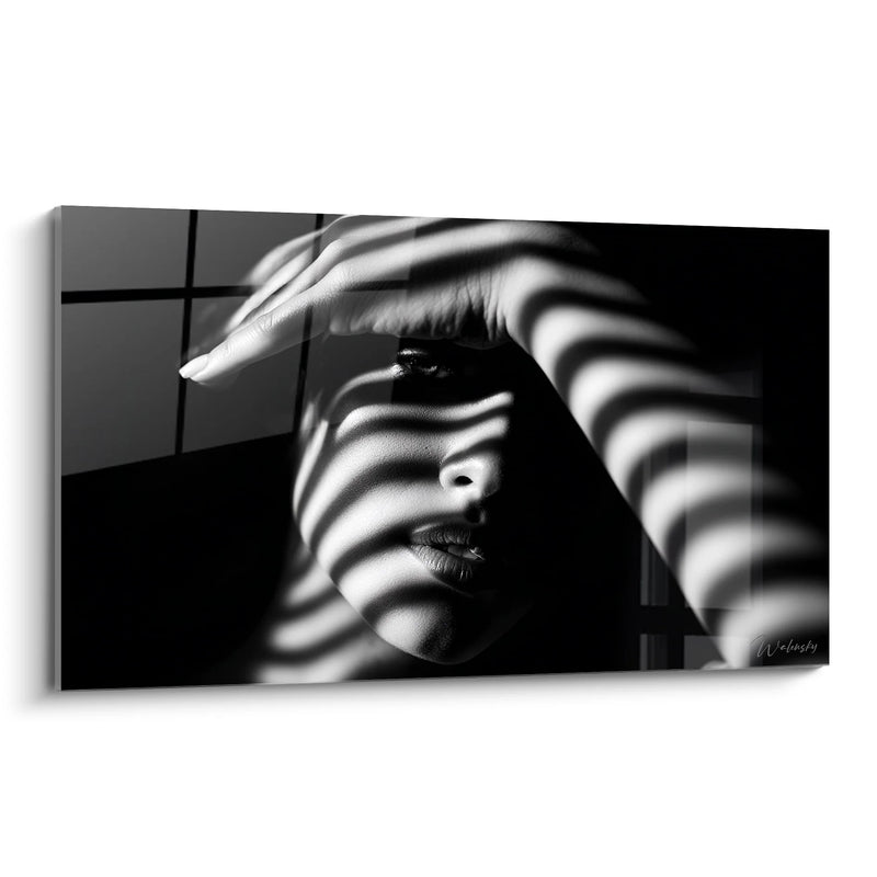 Woman Striped Shadows Painting - Interplay of Light - Black and White Face Edition