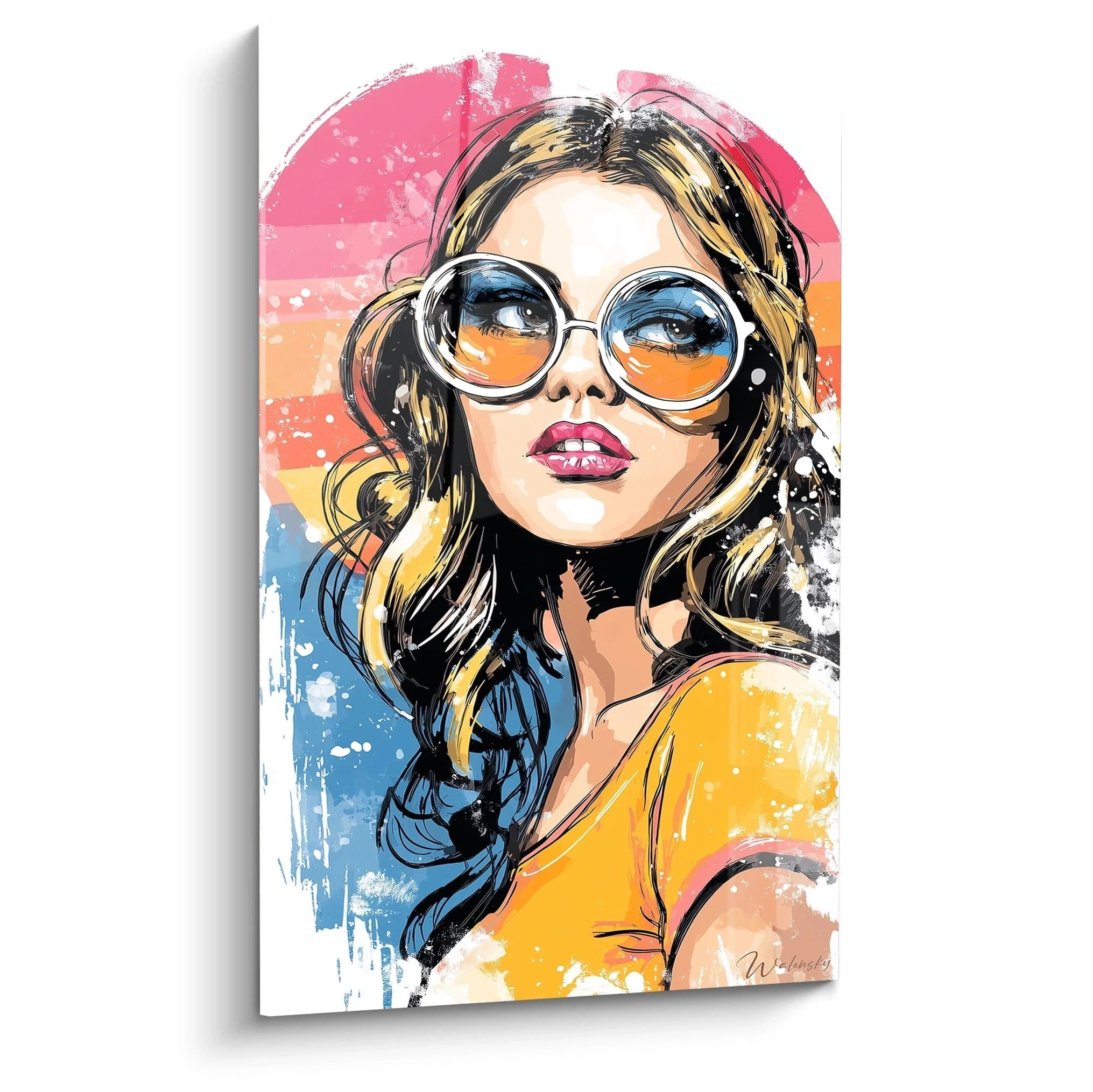 tableau mural femme orange Walensky portrait pop art d une femme aux lunettes rondes et fond retro colore