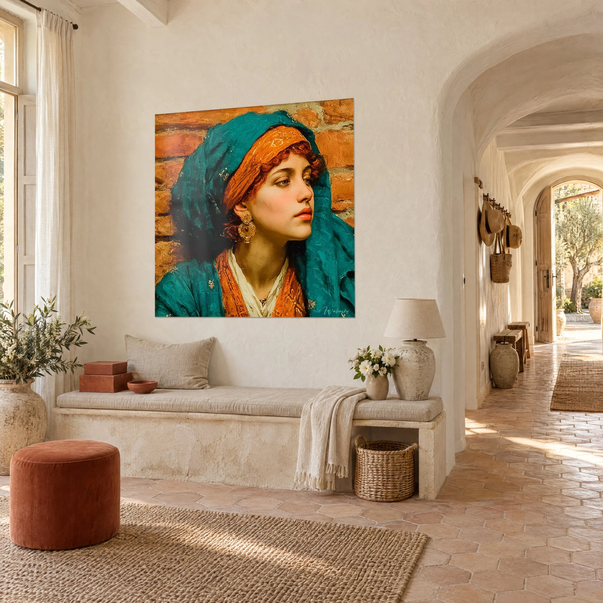 Tableau portrait féminin d'inspiration orientaliste, boucle d'oreille dorée et mur de briques ocre, en vue de trois-quarts, mas provençal