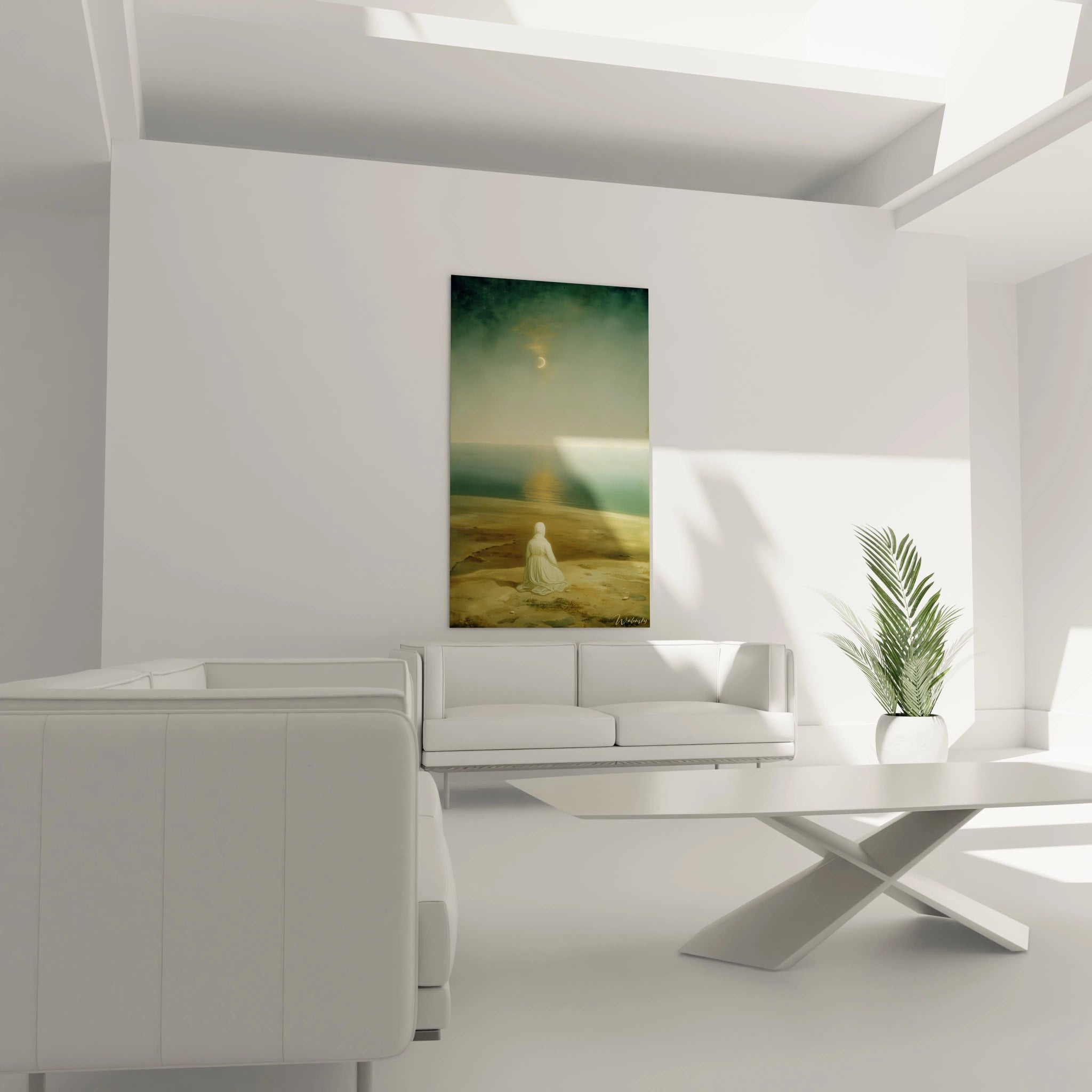 Walensky tableau femme paix spirituelle mural dans salon blanc minimaliste femme assise face a la mer