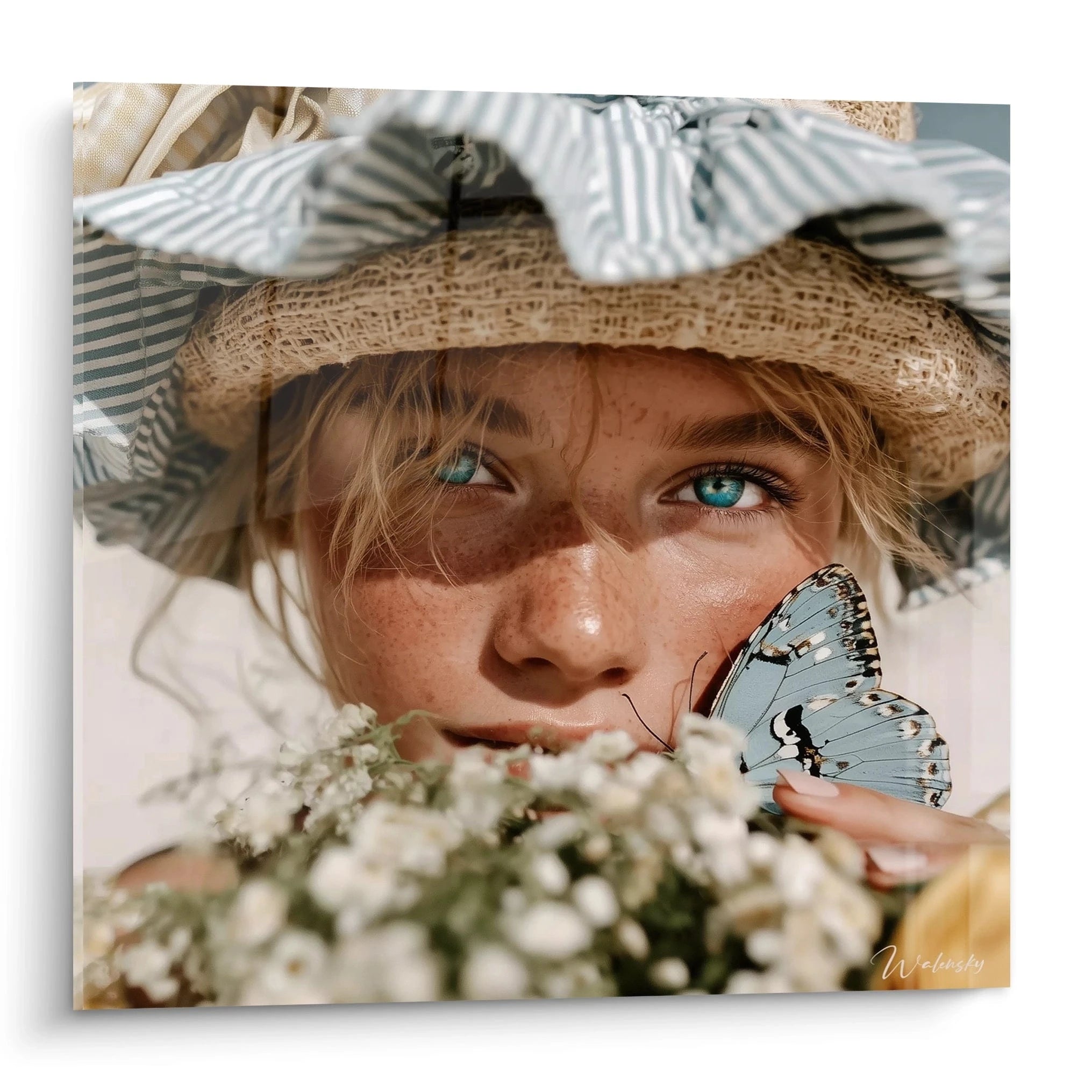 tableau femme papillon Walensky portrait femme aux yeux bleus chapeau paille papillon bleu posé sur la main et fleurs blanches