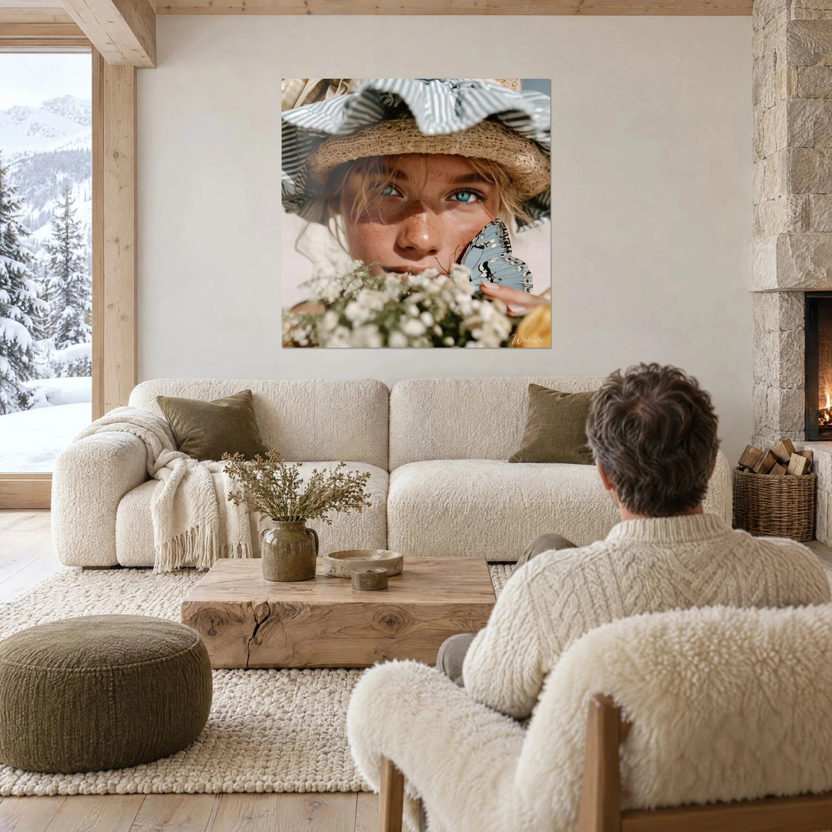 Gemälde Porträt mit türkisfarbenen Augen und hellblauem Schmetterling, Strohhut mit Streifen, über einem Sofa in einem hellen Wohnzimmer