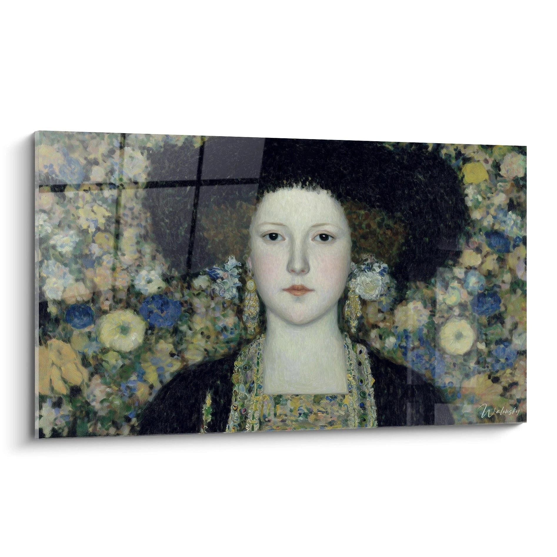 tableau femme symboliste Walensky portrait féminin au visage pâle bijoux baroques et fond floral pour décoration murale
