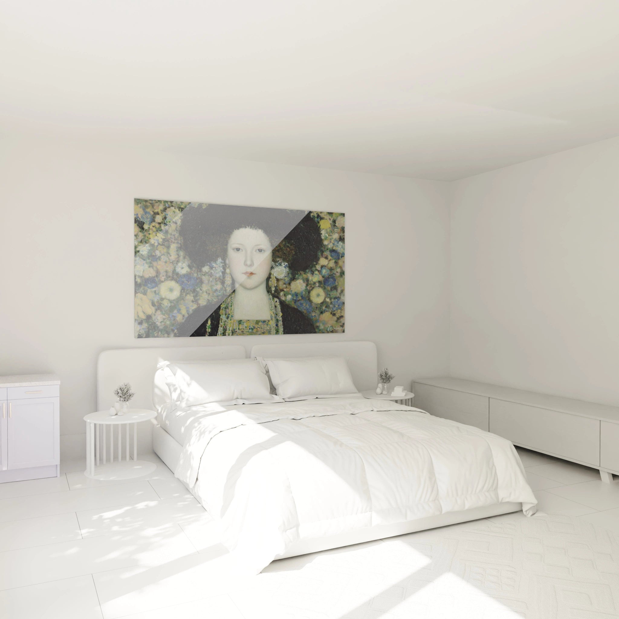 Tableau mural Walensky tableau femme symboliste portrait de femme au chapeau sombre sur fond floral au dessus d un lit blanc