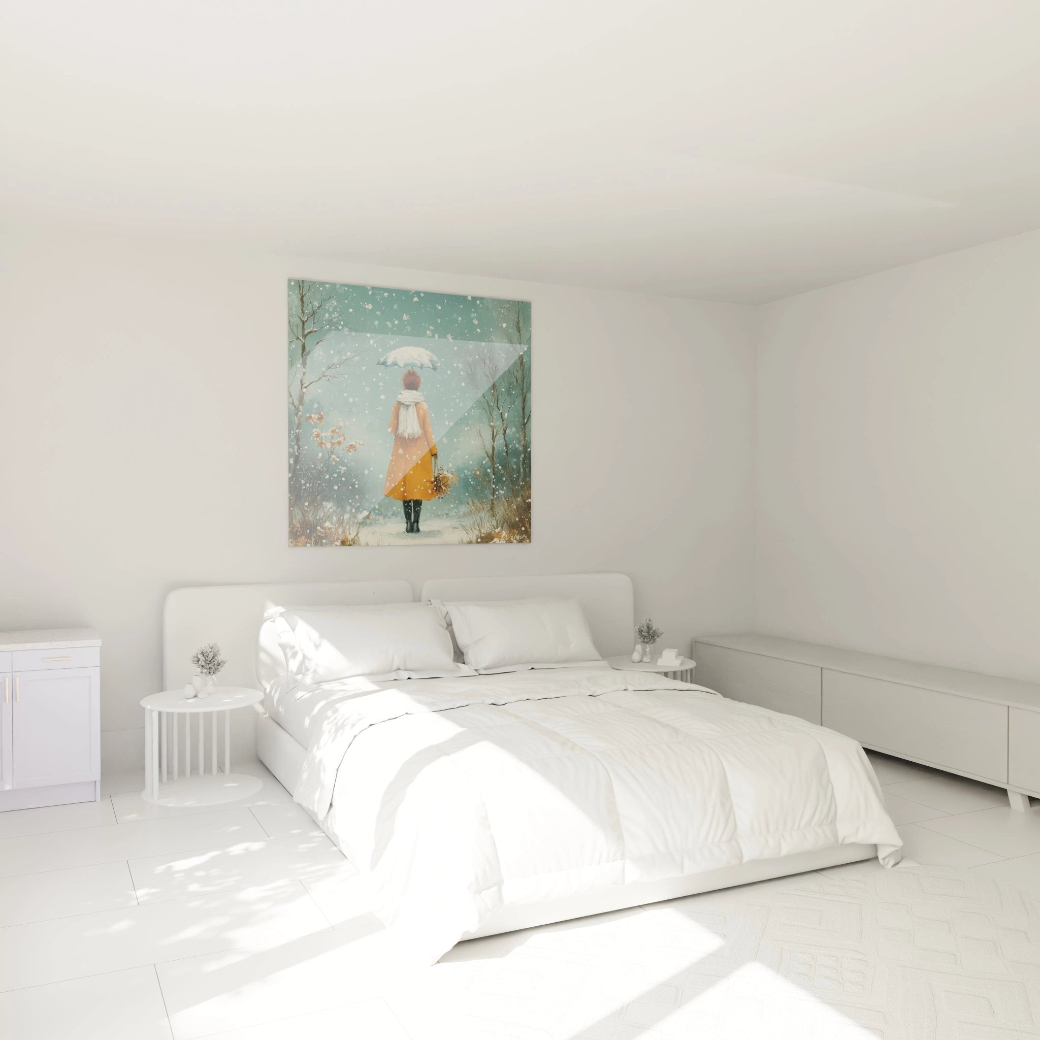Walensky tableau femme hiver moderne accroche au dessus d un lit blanc dans chambre minimaliste lumineuse