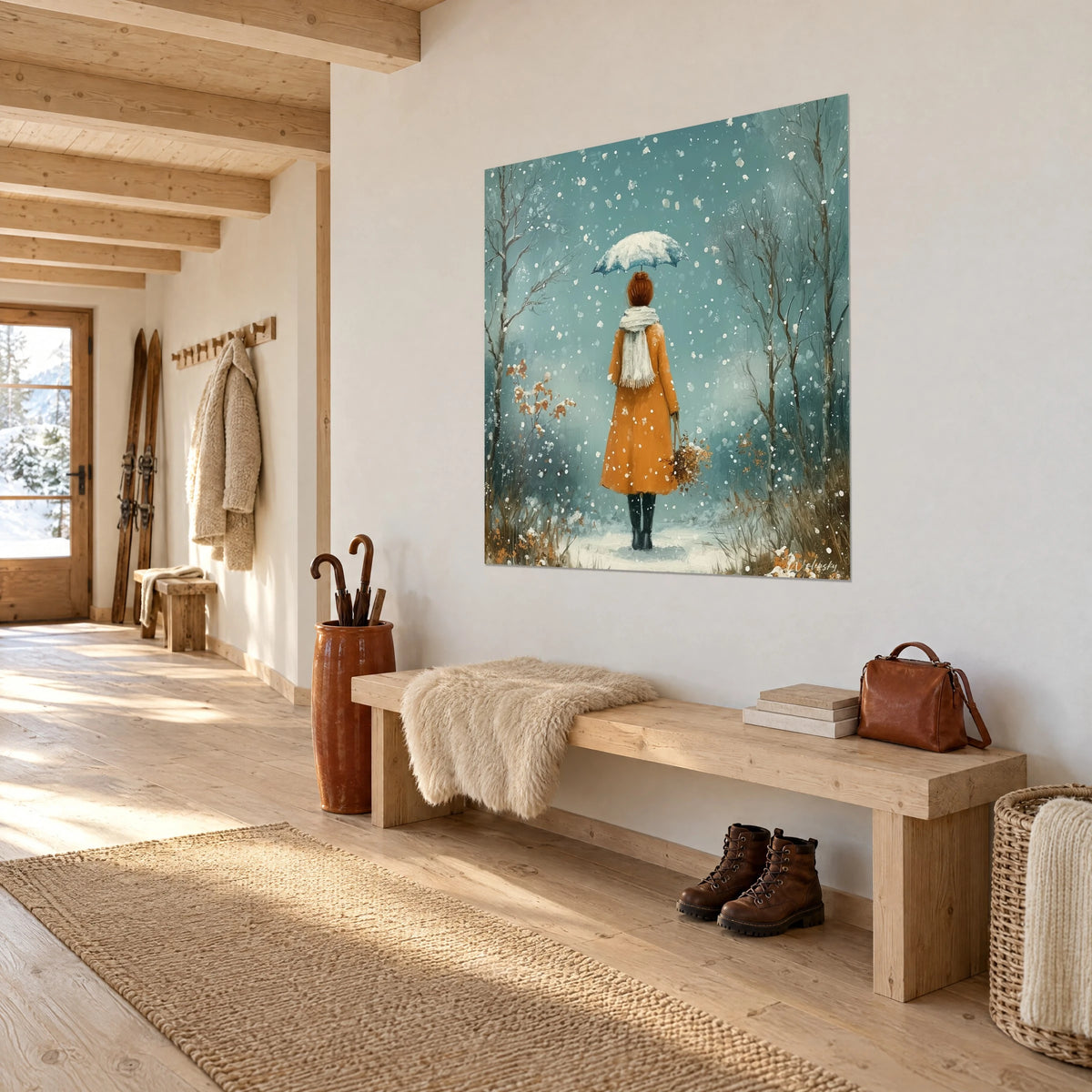 Wall art red-haired walker with a white scarf in the snow, bare bluish trees, hung in the entrance of a light wood chalet
