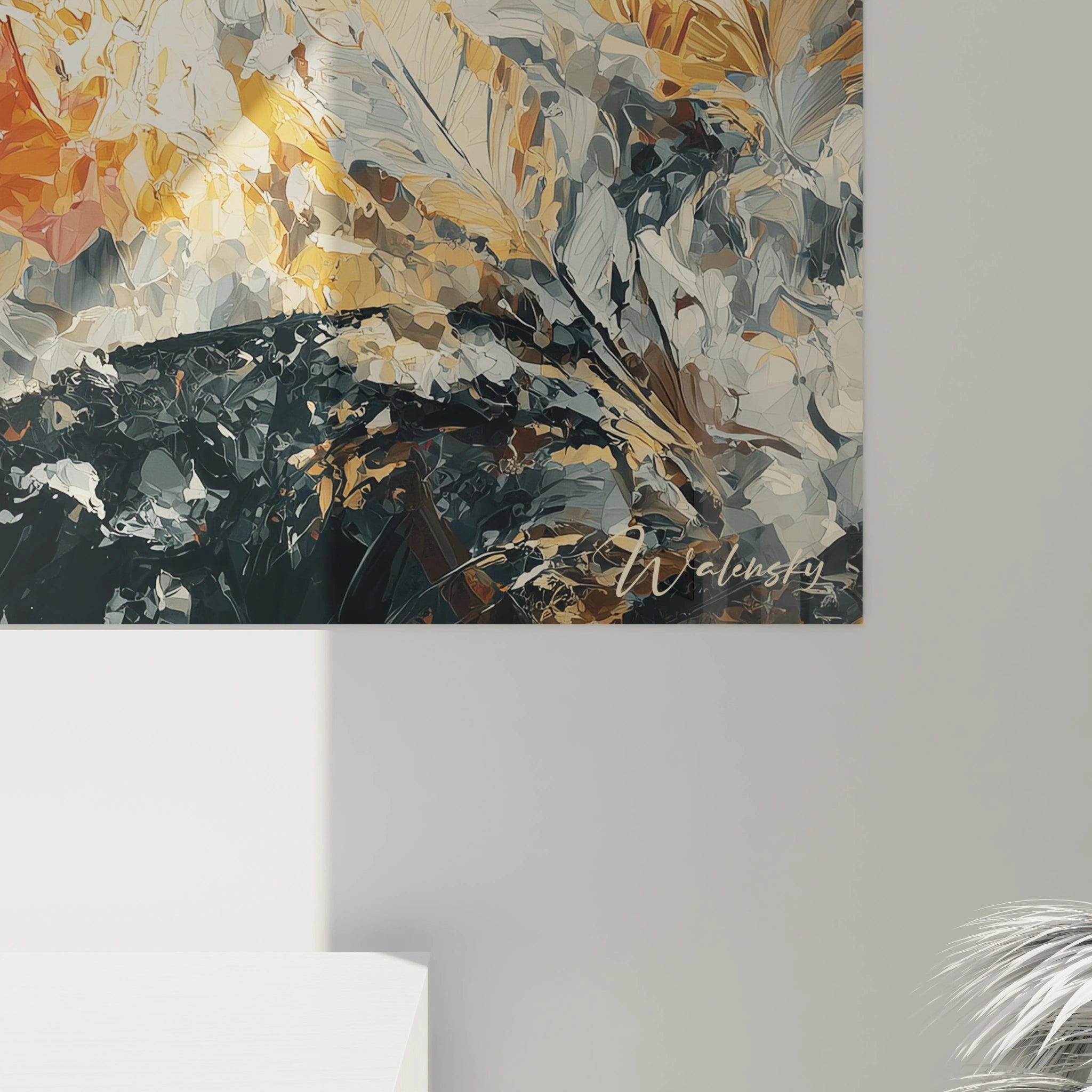 Tableau mural Walensky peinture abstraite de feuillages dorés et gris avec signature tableau gothique femme