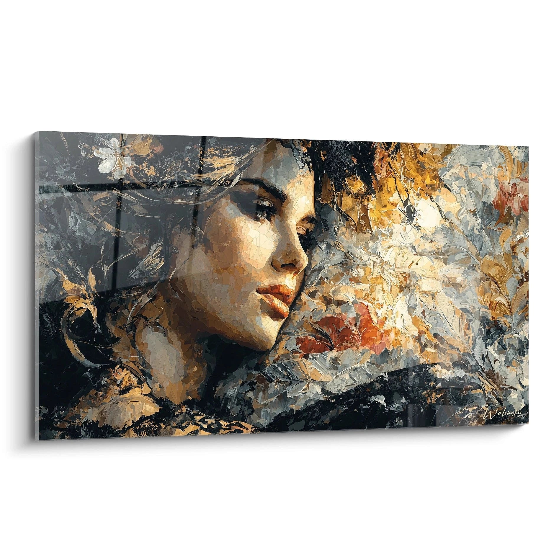tableau gothique femme mural Walensky portrait peint d une femme entouree de fleurs et textures ocres