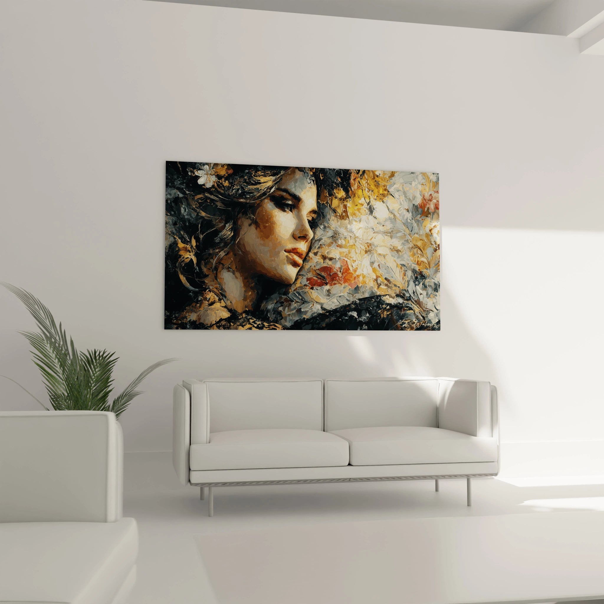 tableau gothique femme Walensky peinture murale visage feminin sombre et floral pour decoration salon moderne