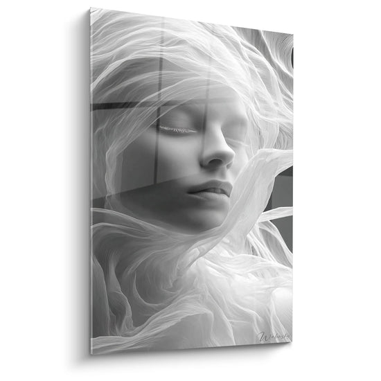 Cuadro Mujer Plumas Etereas - Gracia Mística - Edición rostro negro y blanco