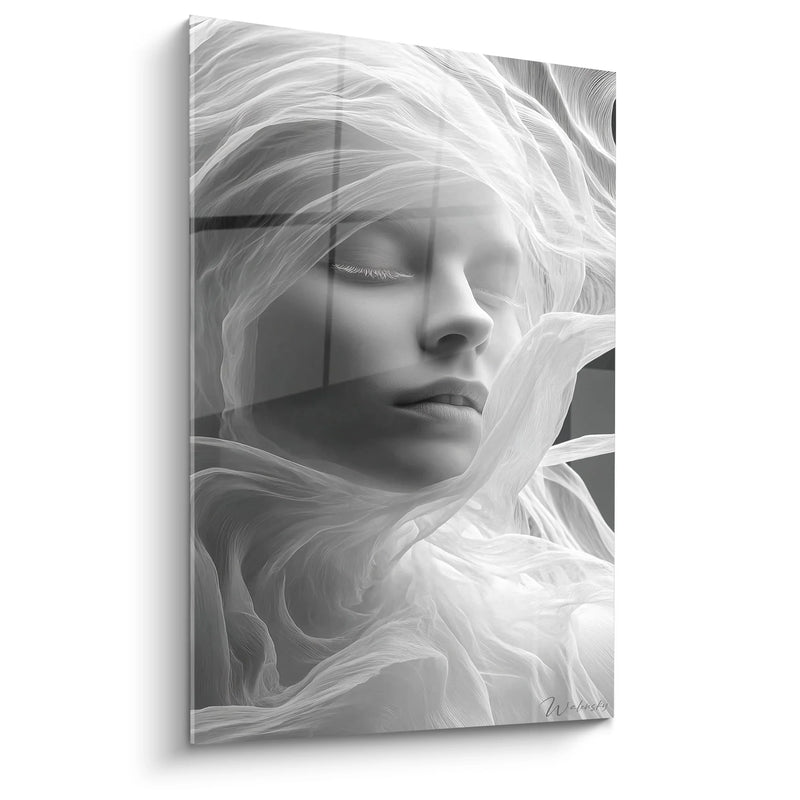 Woman with Ethereal Feathers Painting - Mystical Grace - Black and White Face Edition