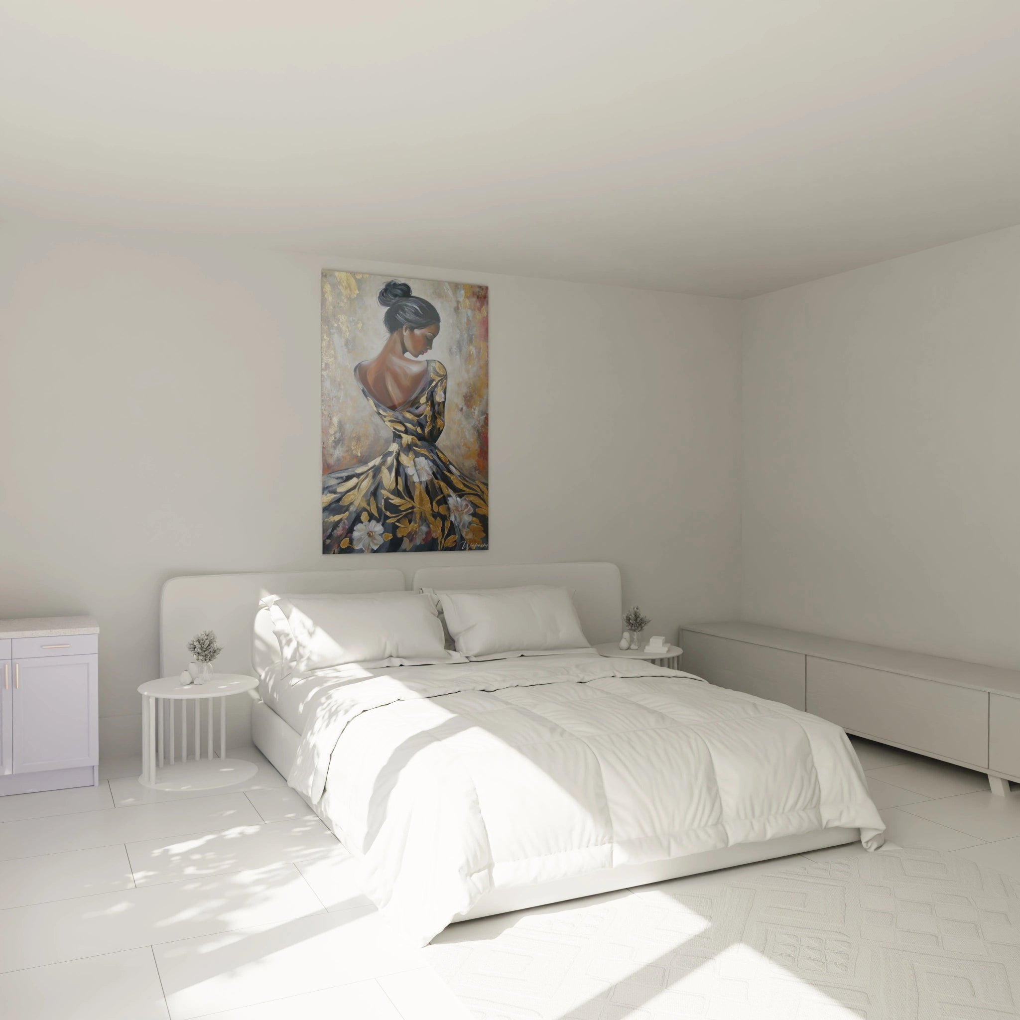 Tableau femme art floral de Walensky accroché au mur dans une chambre lumineuse et moderne