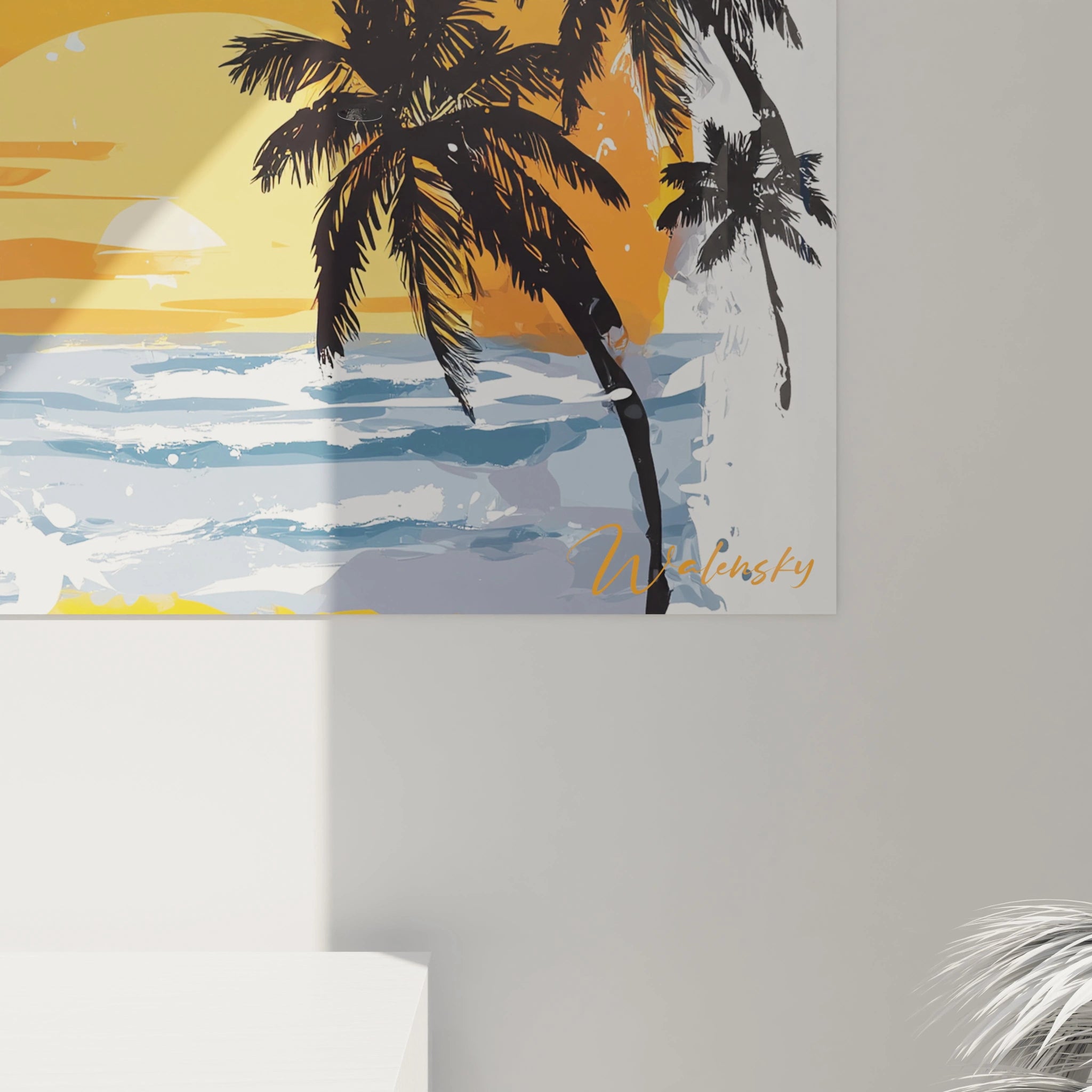 tableau femme pop mural Walensky paysage tropical coucher de soleil palmiers mer couleurs orange et bleu