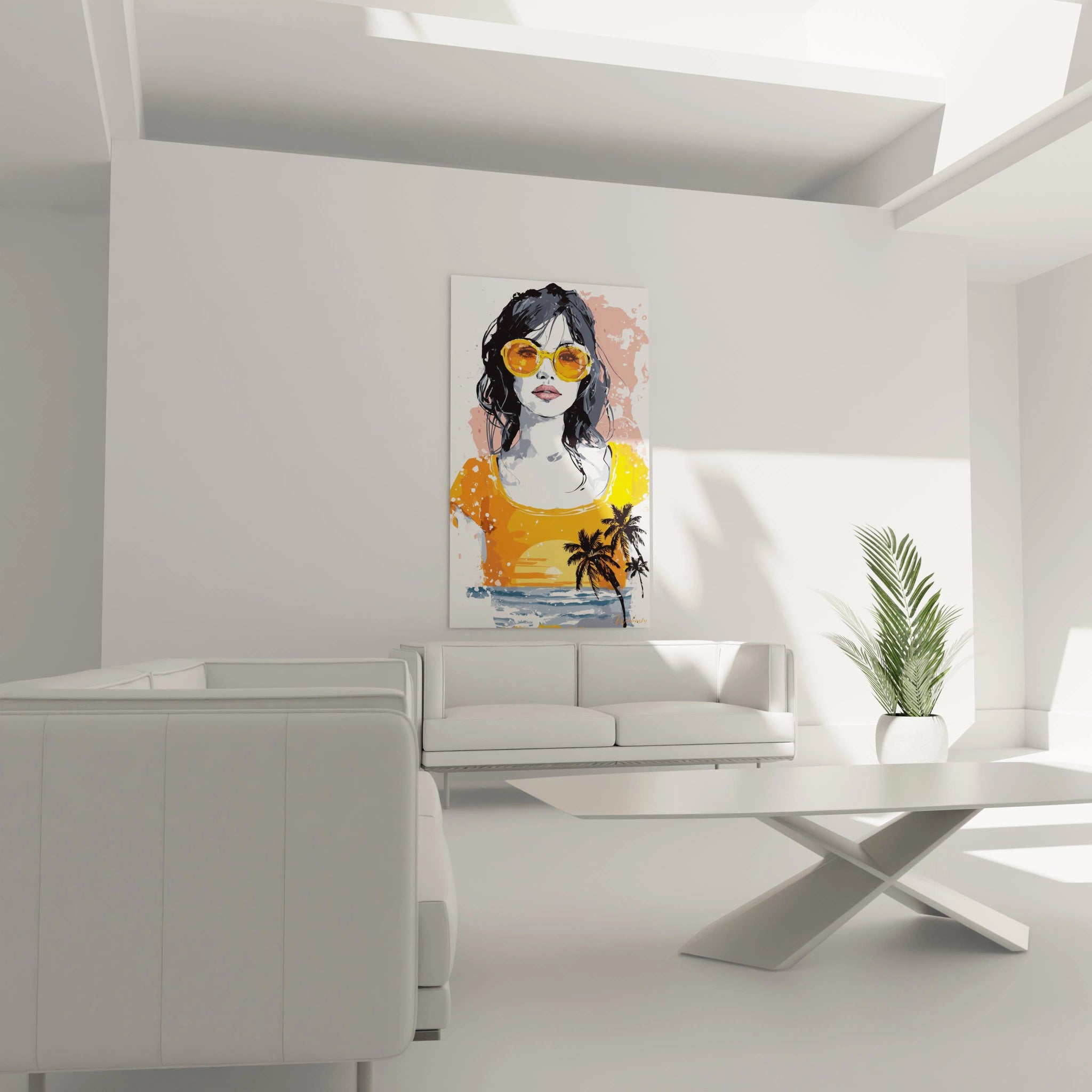 tableau femme pop Walensky portrait coloré d'une femme en lunettes jaunes et top orange avec palmiers