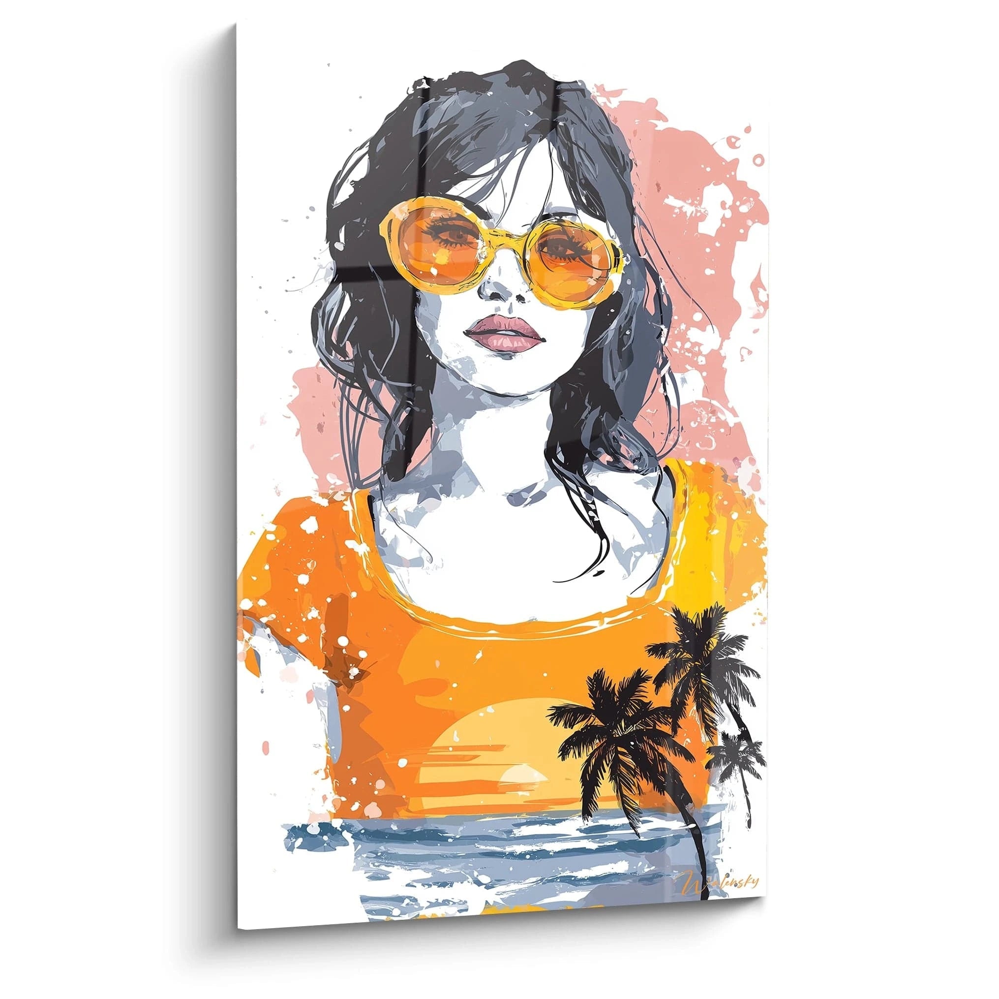 Walensky tableau femme pop grand format portrait femme lunettes jaunes top orange plage coucher de soleil palmiers
