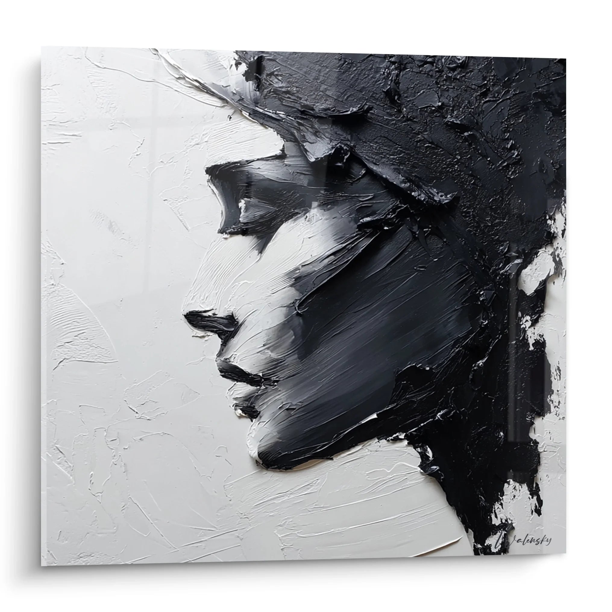 Tableau femme profil noir et blanc style expressionniste avec coups de pinceau visibles