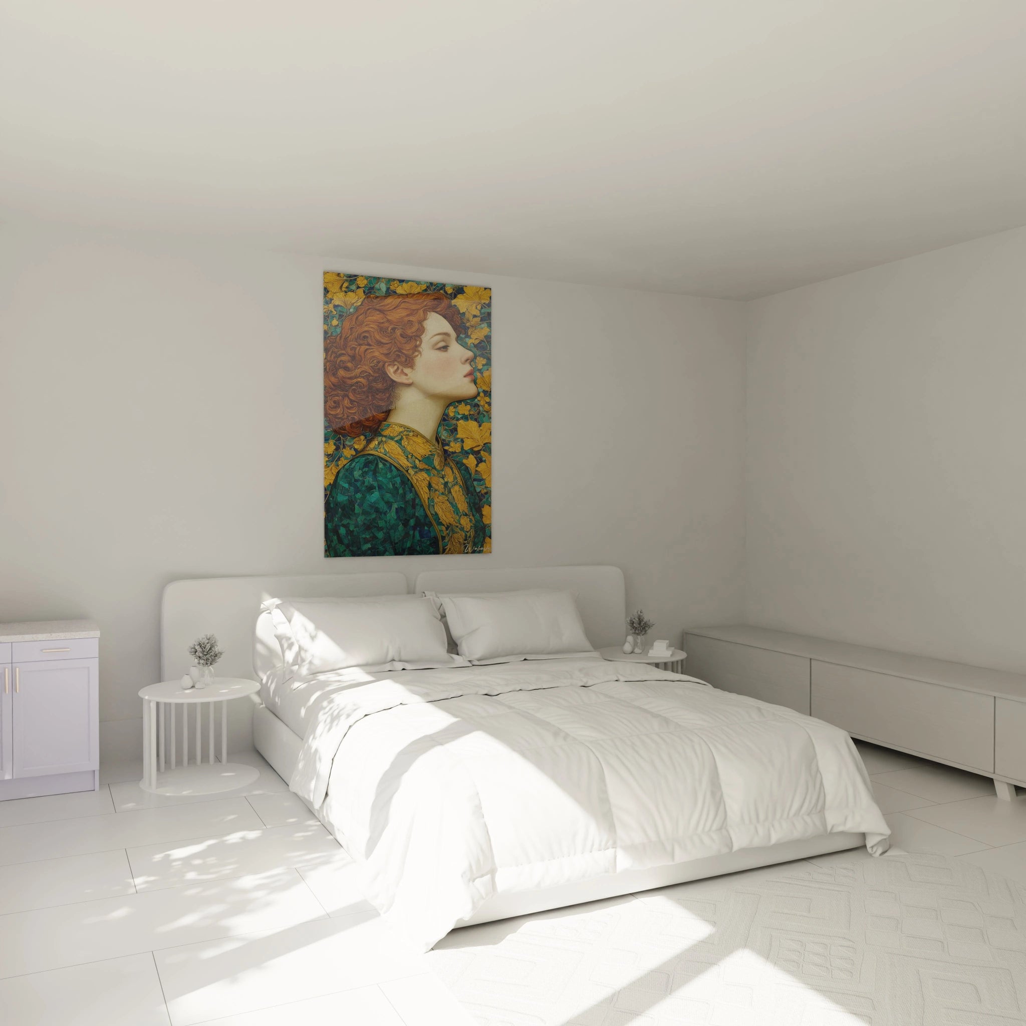 Walensky tableau art nouveau femme accroché au dessus d un lit blanc minimaliste dans une chambre lumineuse