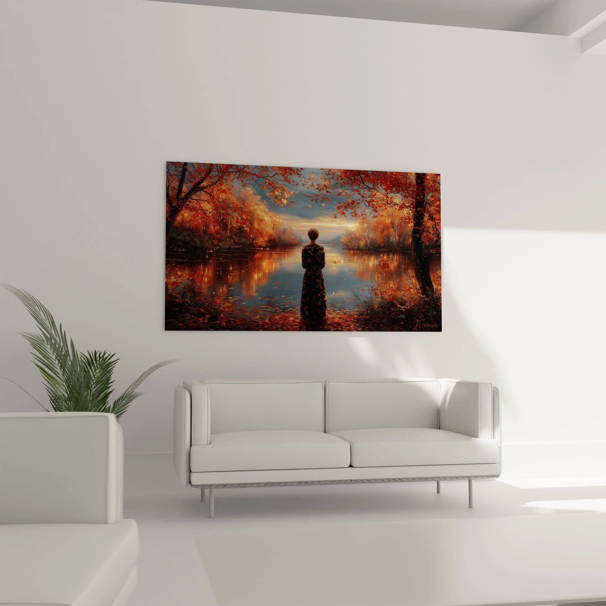 tableau femme automne Walensky montrant une femme contemplant un lac reflétant des arbres rouges et lumière dorée