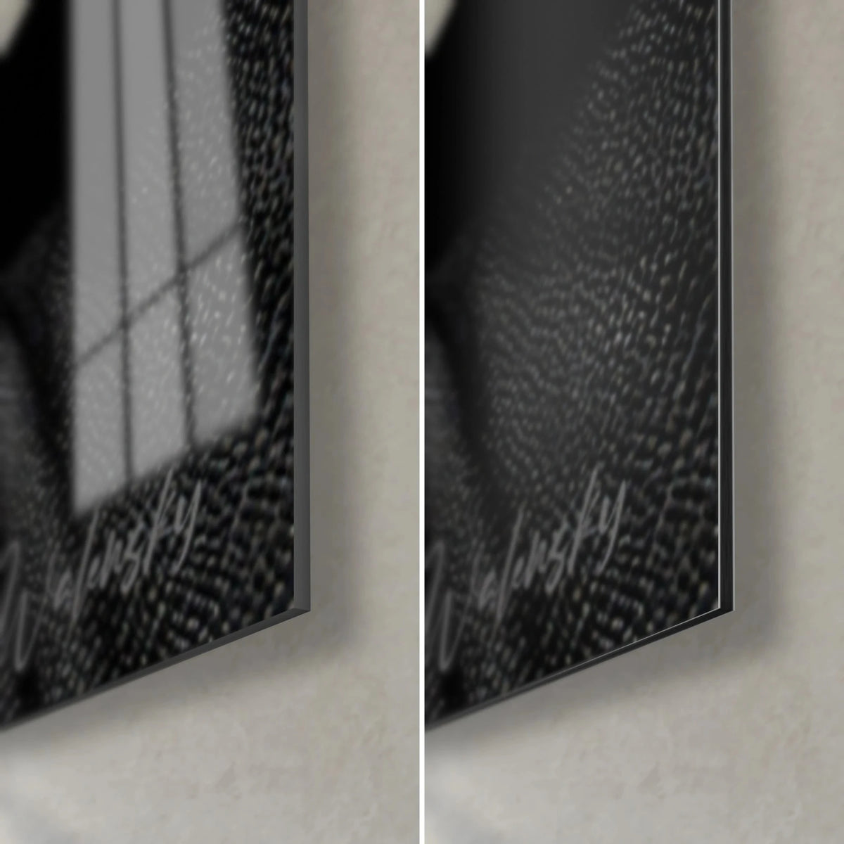 Gemälde Frau mit schwarzer Perlenkette, rechte untere Ecke: glänzendes Acrylglas links, mattes anthrazitgraues Dibond-Aluminium rechts