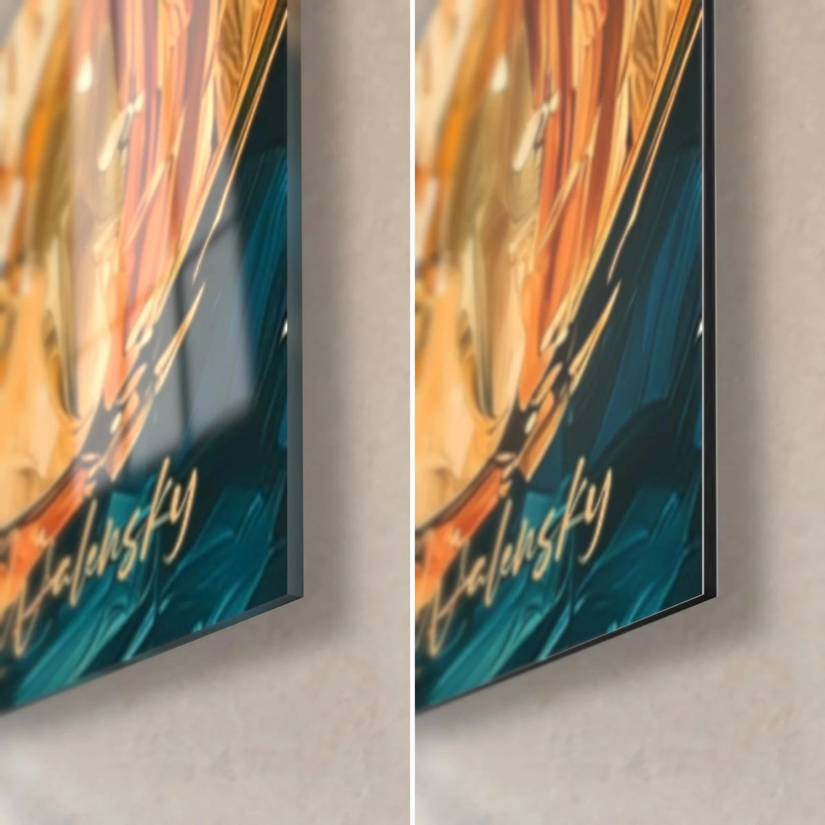 Gemälde Dame mit goldenen Ohrringen, Detail unten rechts: glänzendes Acrylglas mit Reflexen, mattes Dibond-Aluminium, 3 mm Kante, Signatur