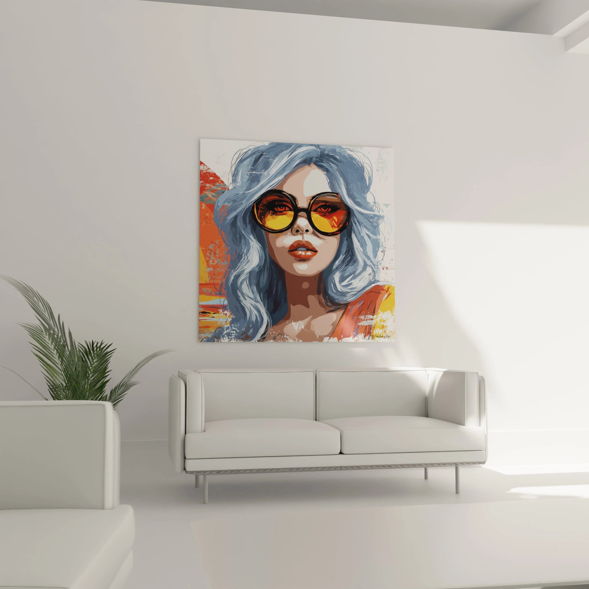 tableau femme moderne Walensky portrait coloré femme aux cheveux bleus et lunettes, décor minimaliste