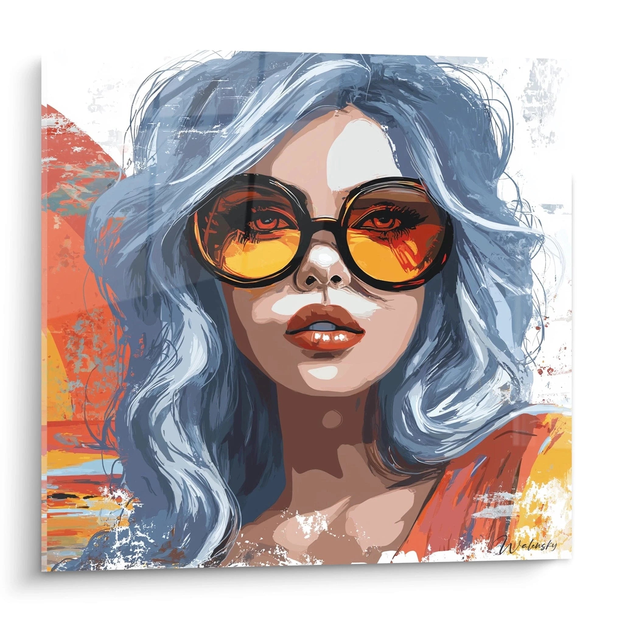 tableau femme moderne Walensky portrait pop art d'une femme aux cheveux bleus portant lunettes solaires orange
