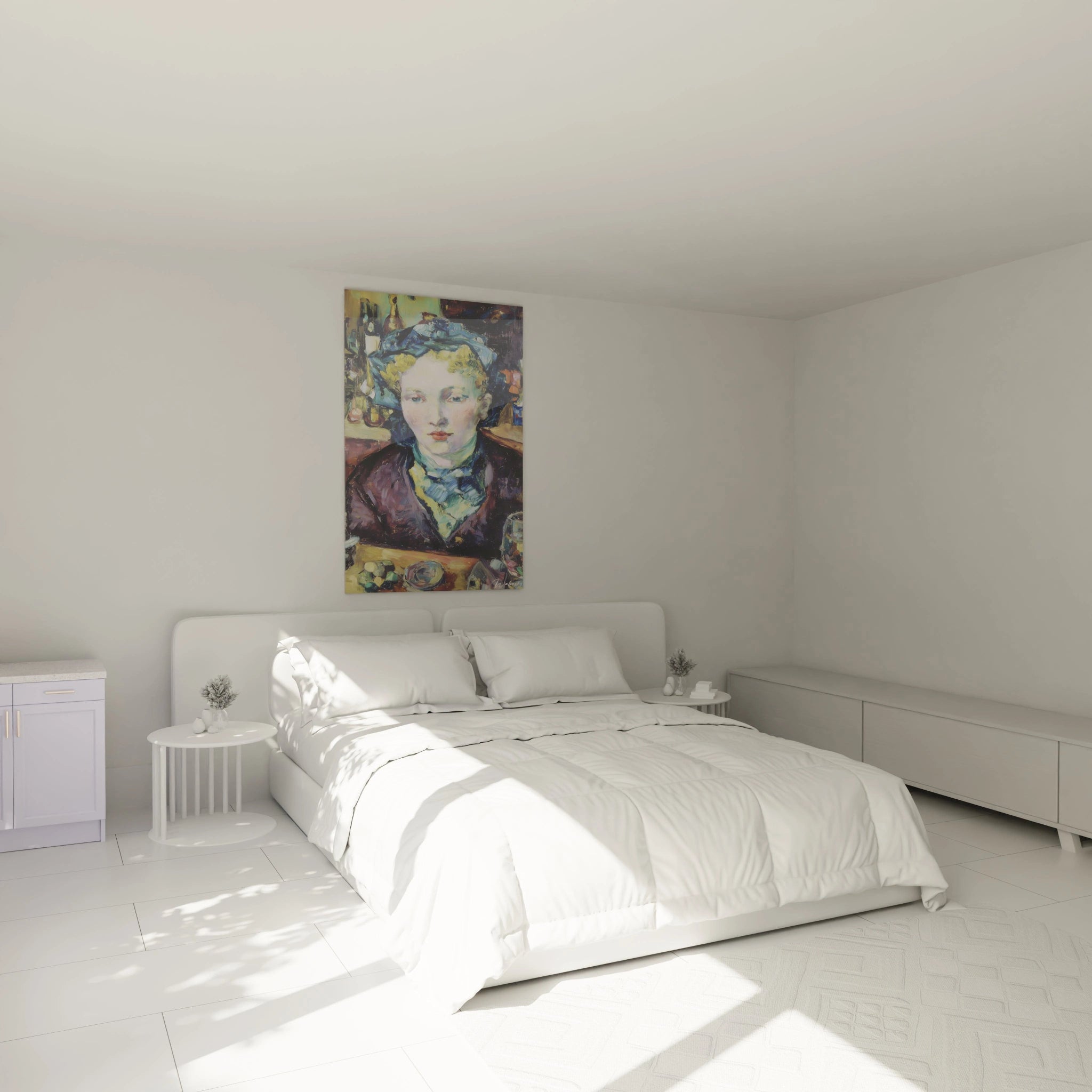 tableau femme post impressionnisme Walensky sur toile encadrée au dessus du lit dans chambre blanche moderne