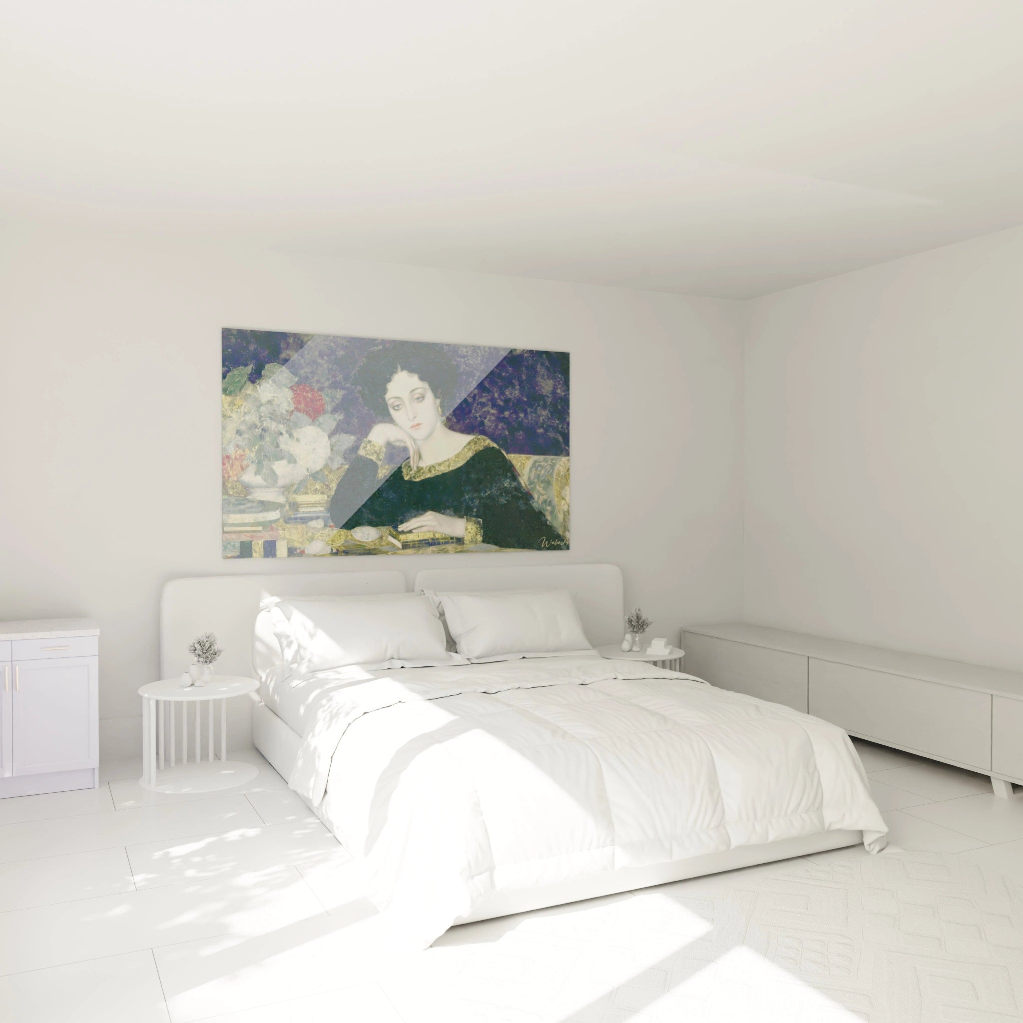 Tableau mural Walensky au dessus d un lit blanc minimaliste portrait feminin colore et decoratif tableau symboliste femme