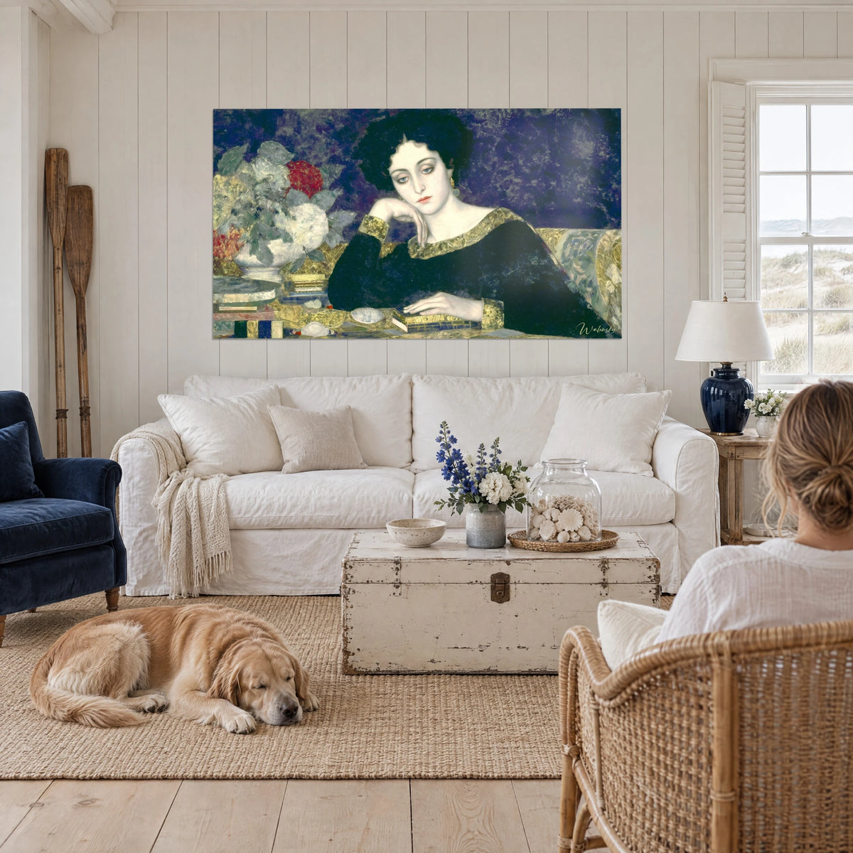 Quadro da parete Walensky sopra un letto bianco minimalista, ritratto femminile colorato e decorativo, quadro simbolista donna