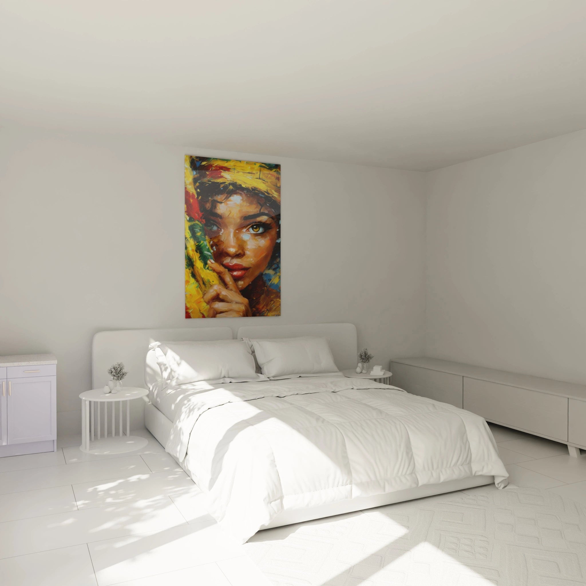 Tableau visage africain femme de Walensky accroché au mur d'une chambre élégante et lumineuse
