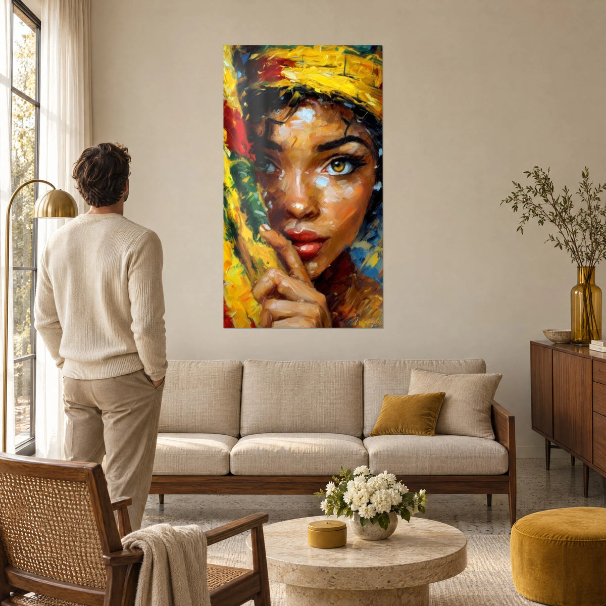Quadro ritratto di donna dagli occhi ambrati, sciarpa gialla e rossa, ammirata di spalle sopra un divano in un soggiorno luminoso