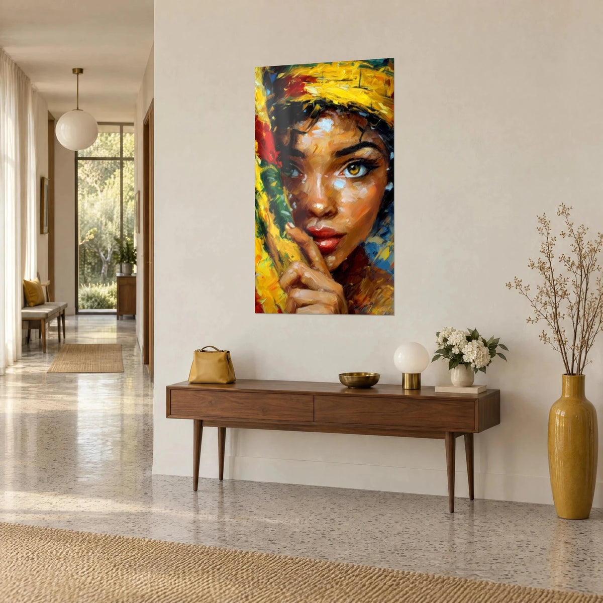 Quadro volto femminile, dito posato sulle labbra, turbante giallo e tocchi verdi, su una parete beige sopra una consolle in legno