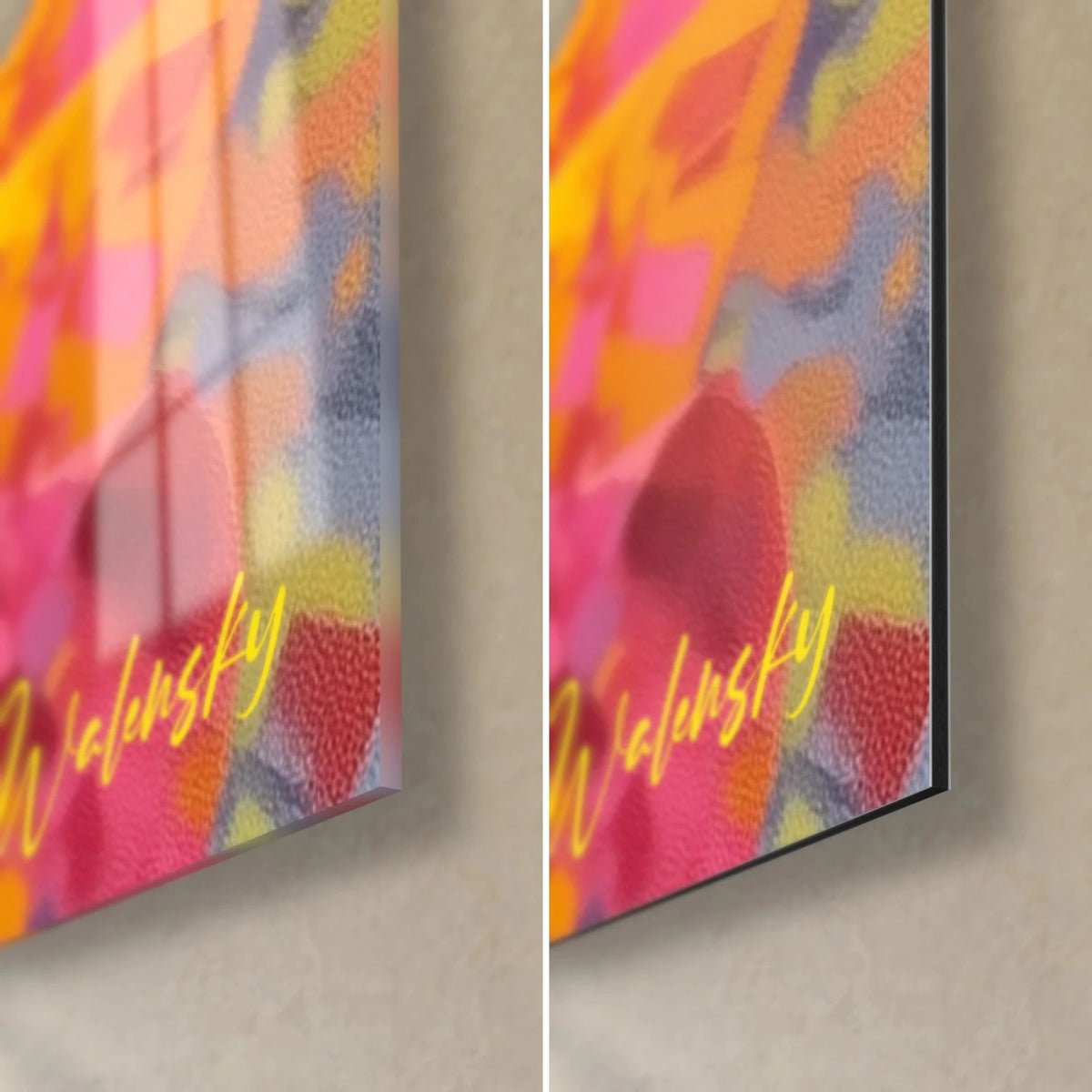 Tableau danseuse en jupe rose et jaune, coin bas droit : verre acrylique brillant à reflets et Dibond mat, tranche de 3 mm