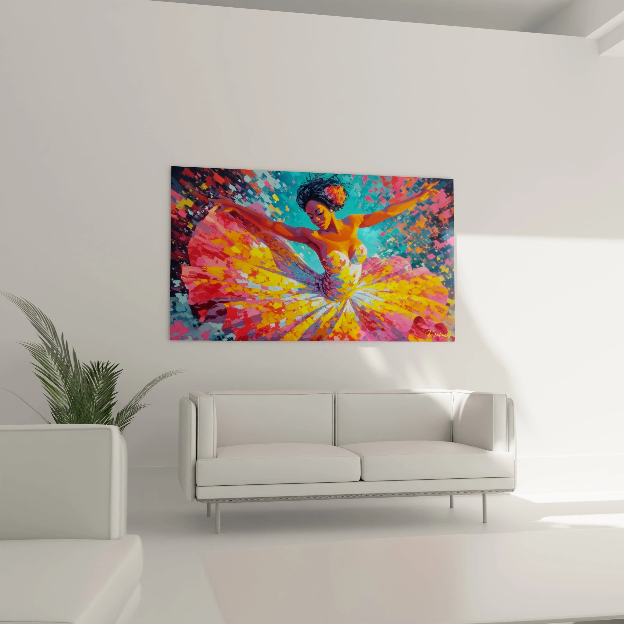 Tableau femme africaine moderne vibrant avec des couleurs éclatantes et une danseuse en mouvement