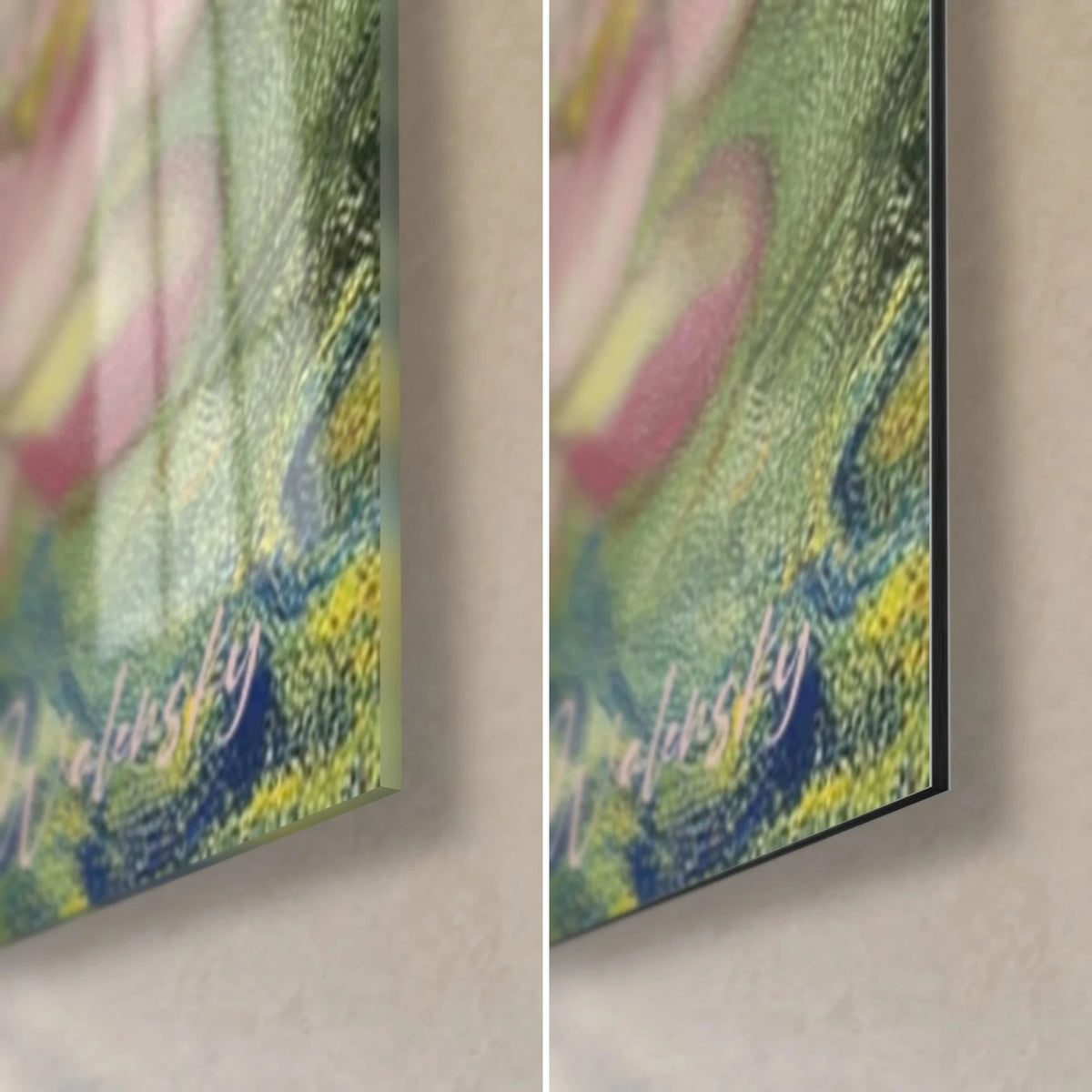 Tableau rêveuse aux yeux fermés, coin bas droit : reflets du verre acrylique brillant, alu Dibond mat vert et jaune, tranche de 3 mm