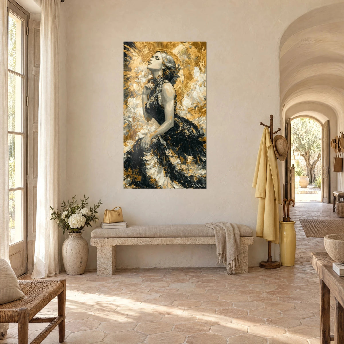 Wall art Renaissance silhouette in a black lace gown, radiant golden halo, cream petals, Provençal farmhouse in three-quarter view