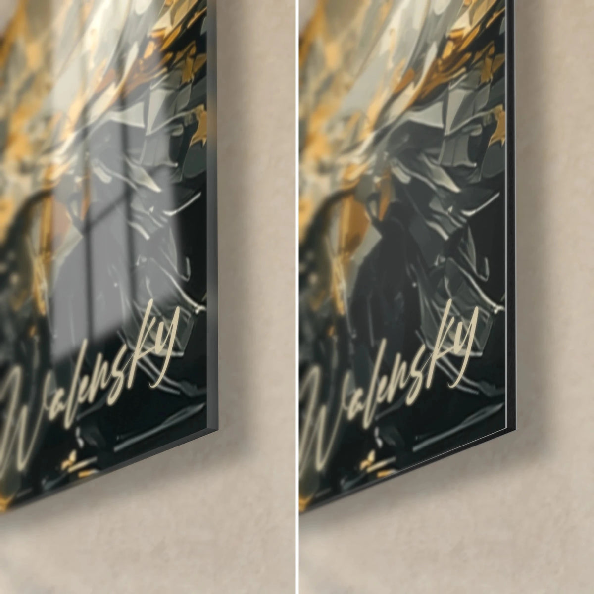 Wall art lady in black and gold, bottom right corner: glossy acrylic glass on the left, matte Dibond on the right, 3 mm edge, Walensky signature
