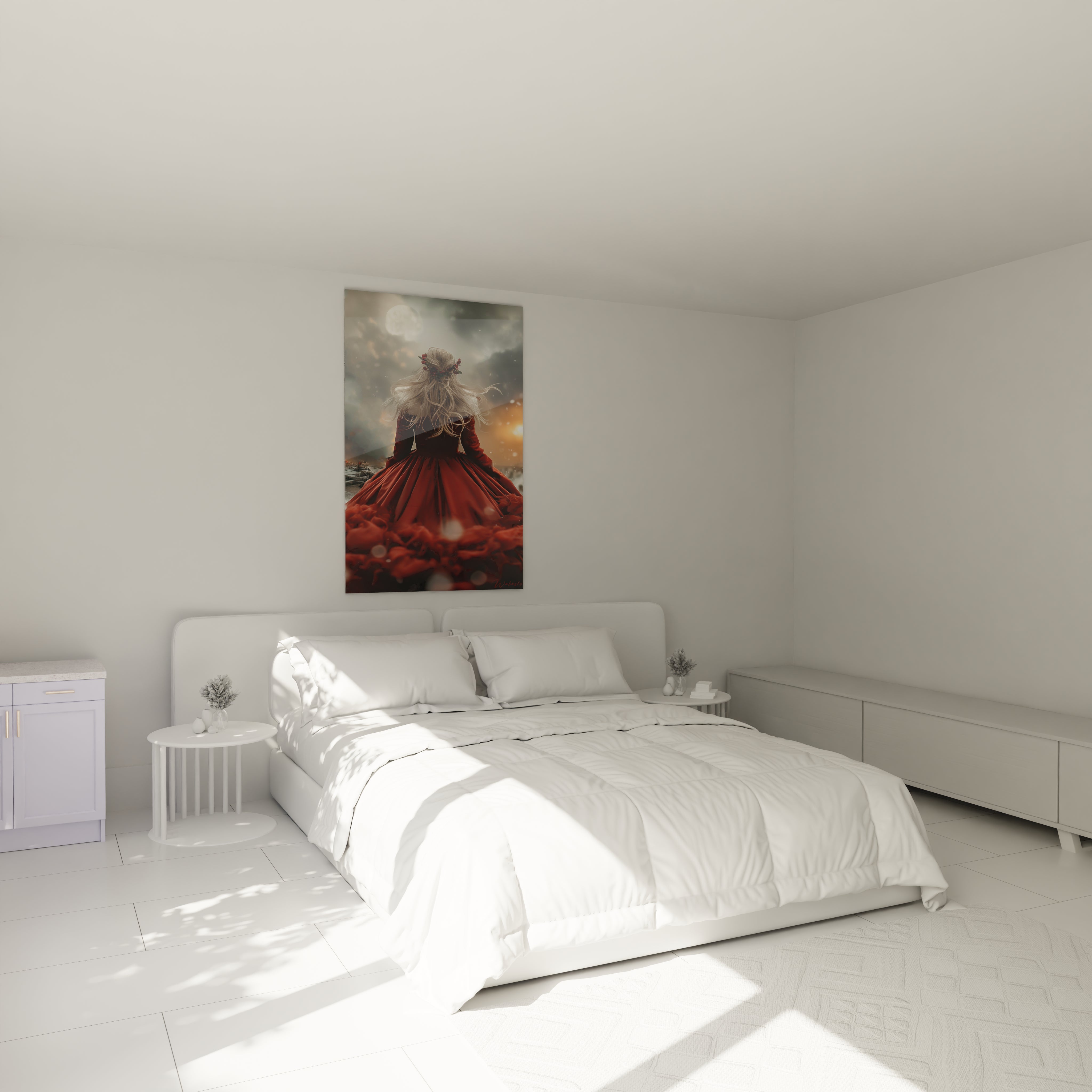 Tableau femme rouge carmin accroché au mur dans une chambre lumineuse avec un lit élégant