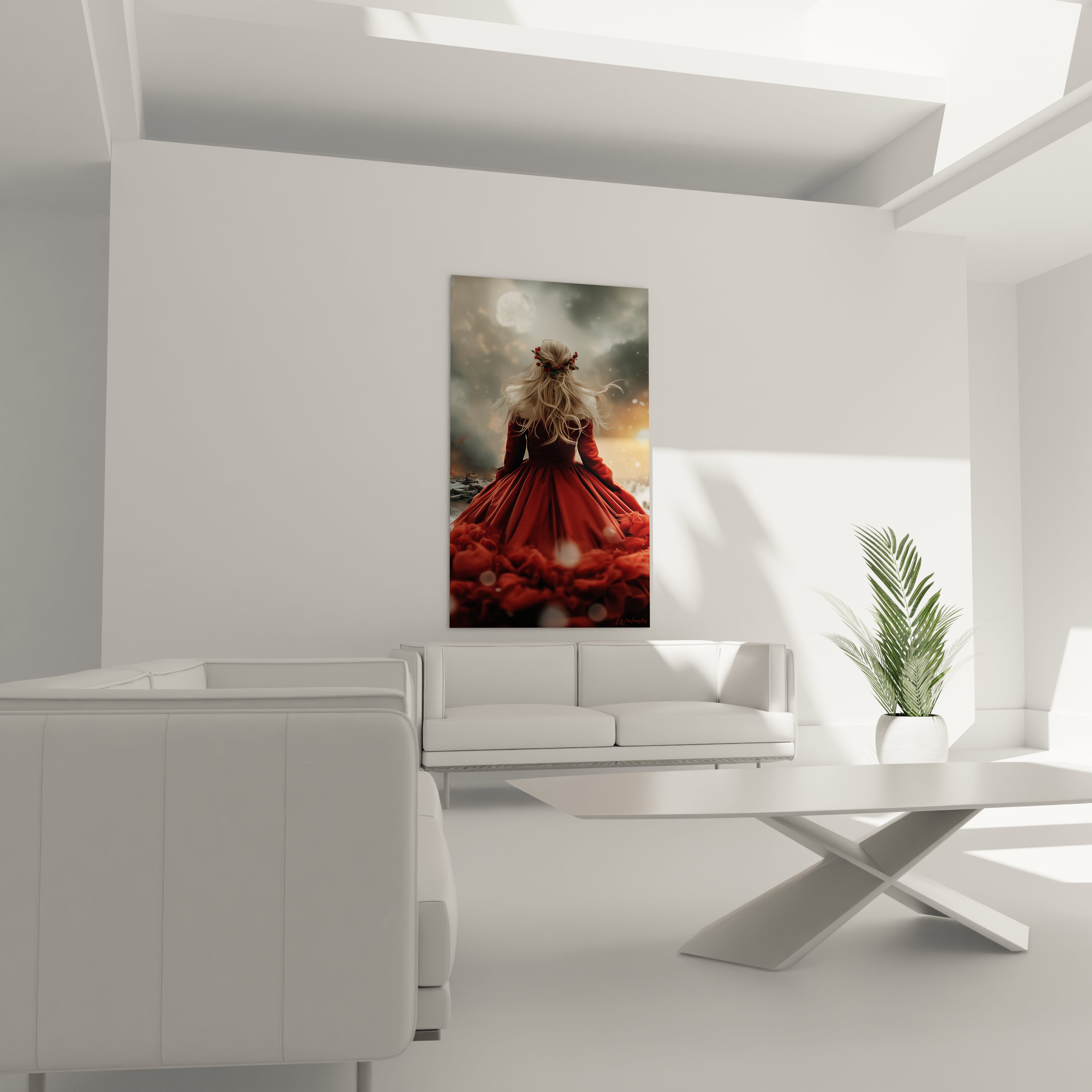 Tableau femme rouge carmin avec une robe élégante, décor mural moderne pour un intérieur stylé