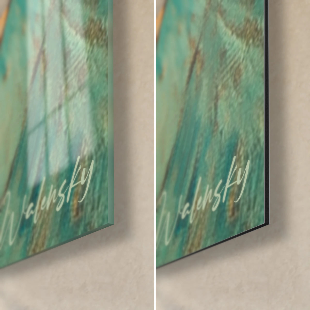 Gemälde eines Porträts in türkisfarbener Jacke, untere rechte Ecke aus glänzendem Acrylglas und matter Dibond-Aluminium, 3 mm Kante sichtbar