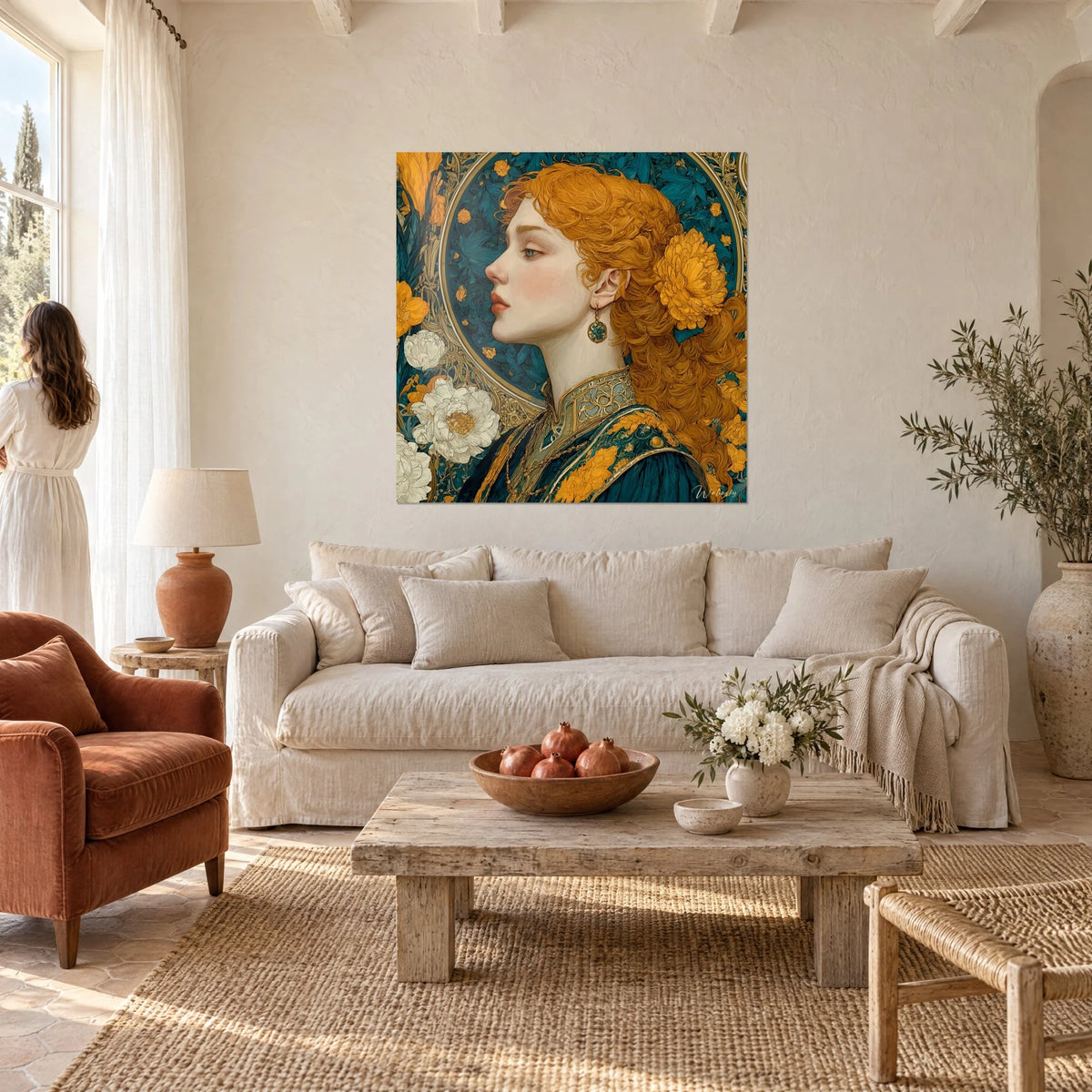 Wall art side-profile portrait of a redhead with copper curls and ochre peony, teal blue background, above a sofa in a bright living room