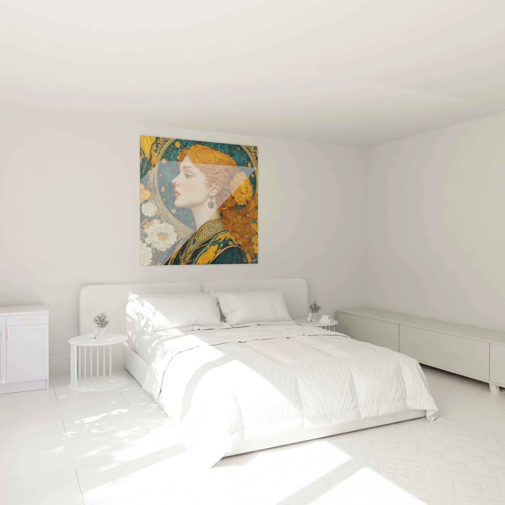 Tableau mural Walensky tableau femme rousse art nouveau portrait de profil accroché au dessus d un lit blanc