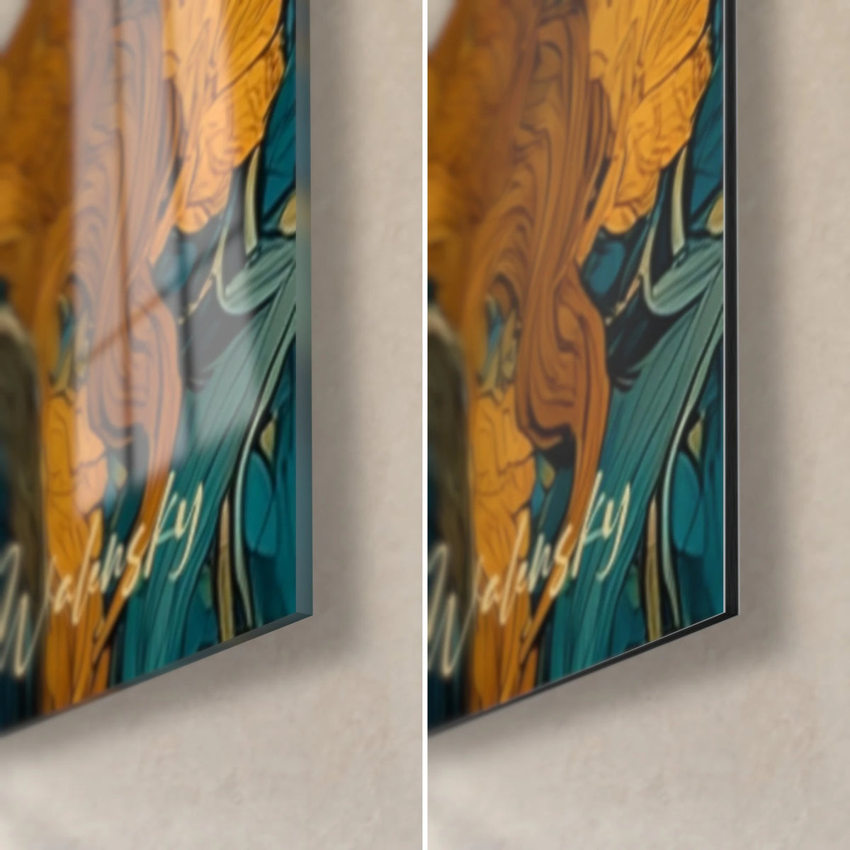 Wall art side profile of a redhead lady, lower right corner with copper and turquoise strands, gold signature, glossy glass on the left, matte Dibond on the right