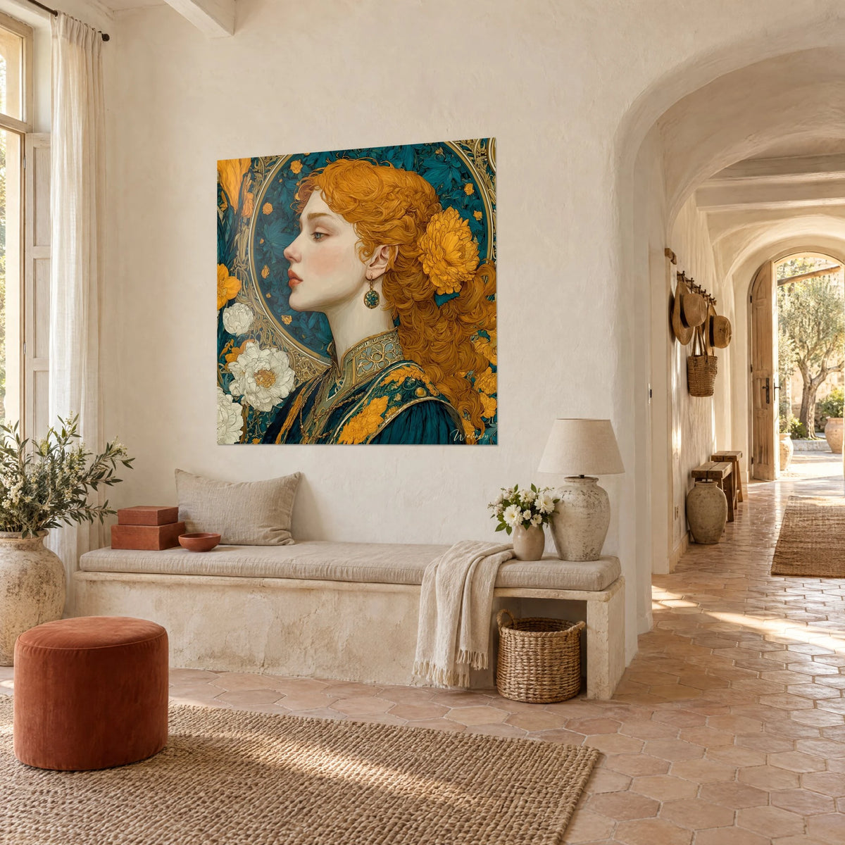 Wall art Art Nouveau young woman with a round earring, orange-tinted hair, gold medallion on turquoise background, vaulted Provençal hallway