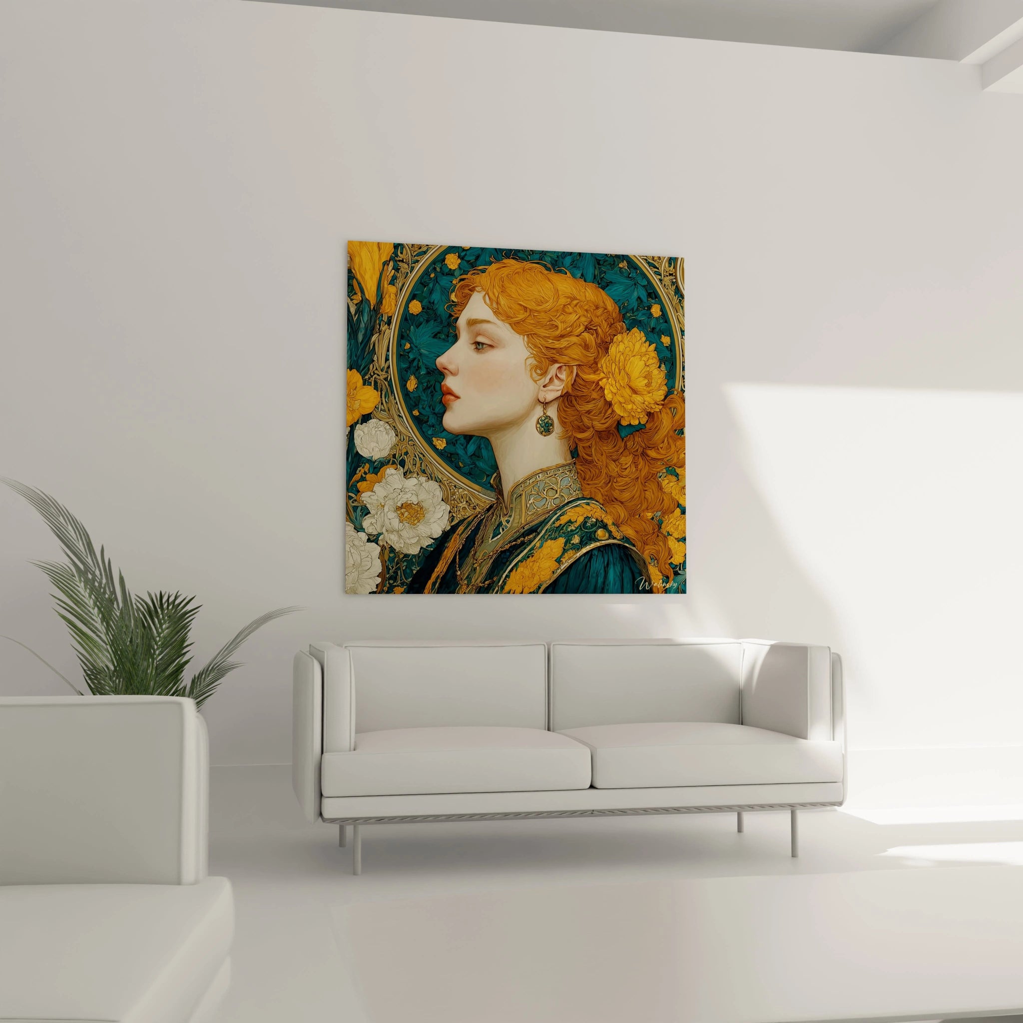 Tableau mural Walensky représentant un tableau femme rousse art nouveau en profil coloré accroché au dessus d un canapé blanc