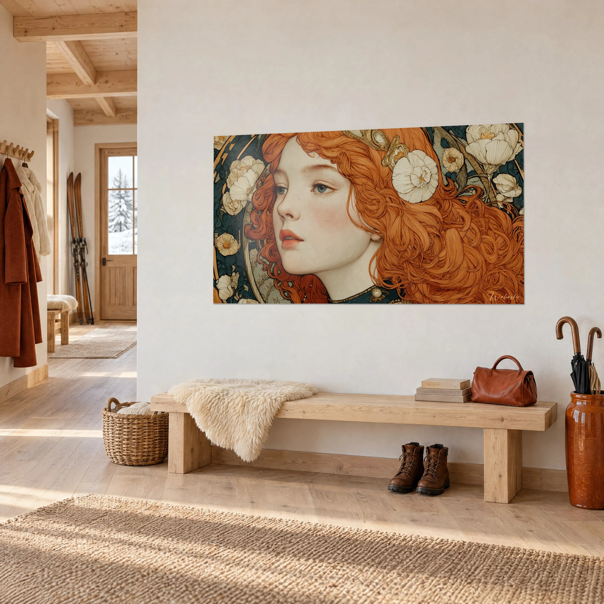 Πίνακας πορτρέτο Art Nouveau με φλογερή πορτοκαλί κόμη, κρεμ παιώνιες, σκούρο πράσινο φόντο, πάνω από ξύλινο παγκάκι σαλέ