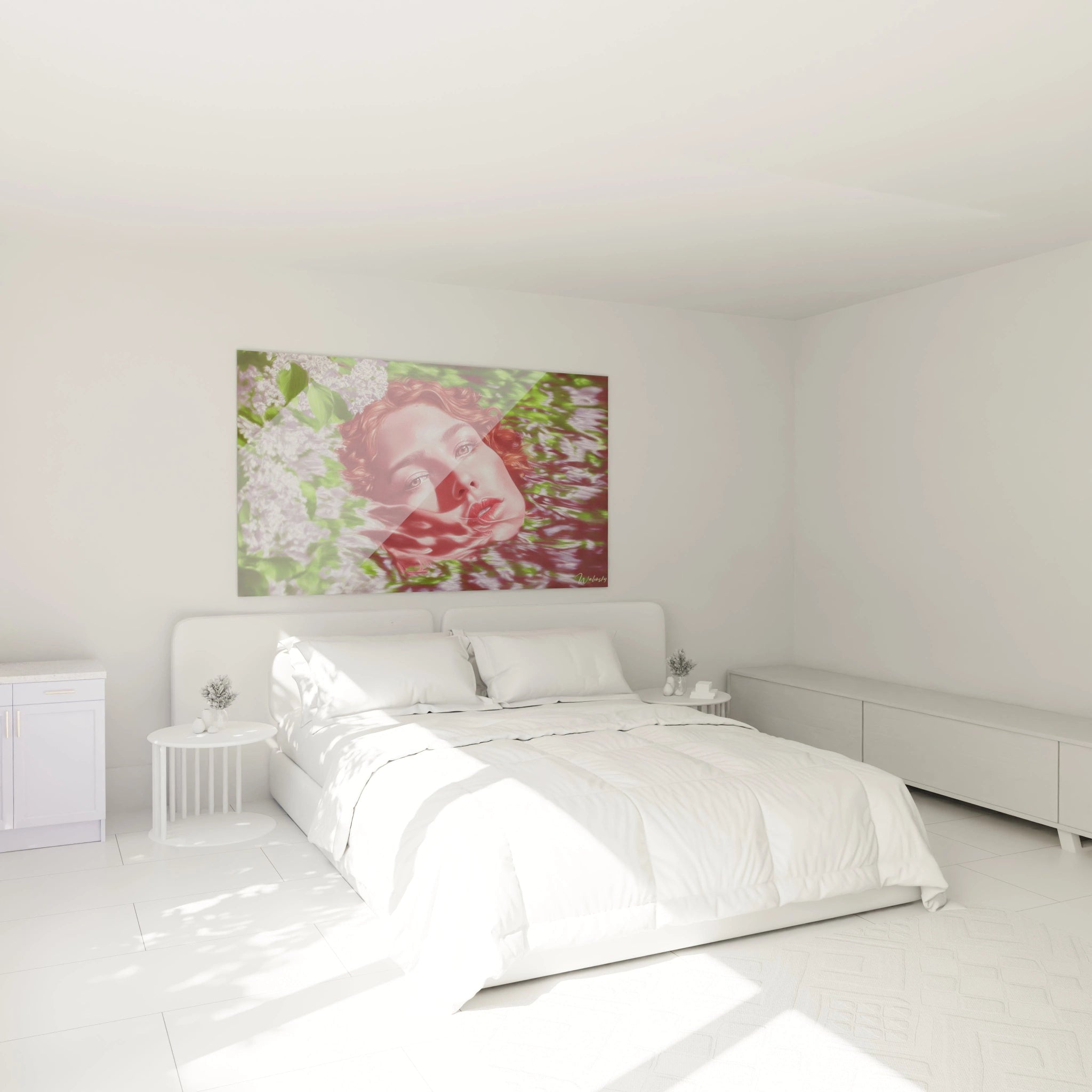 tableau femme hyperréalisme Walensky accroché au mur au dessus d un lit blanc dans une chambre minimaliste