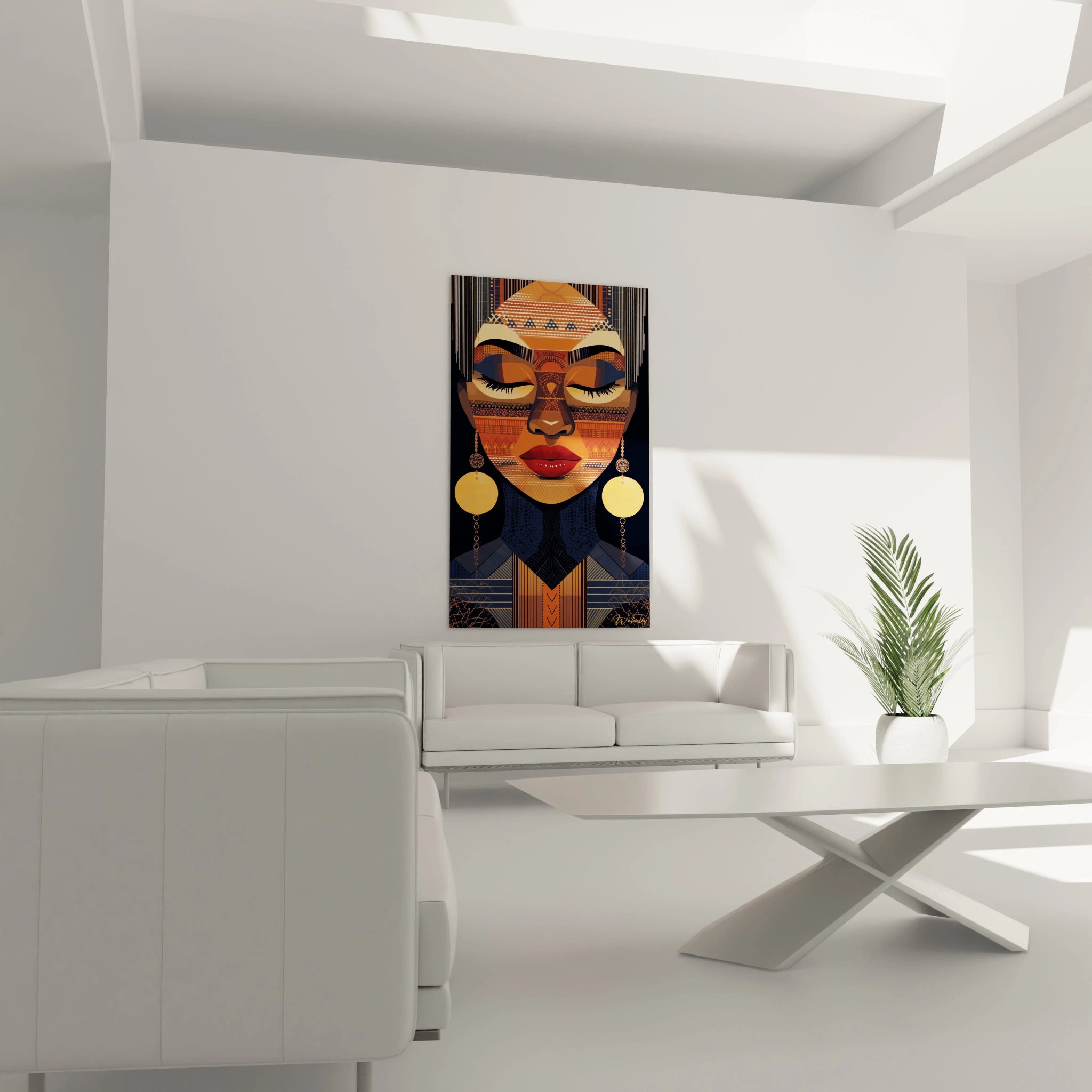 Tableau africain mural Walensky représentant un portrait féminin coloré dans un salon moderne