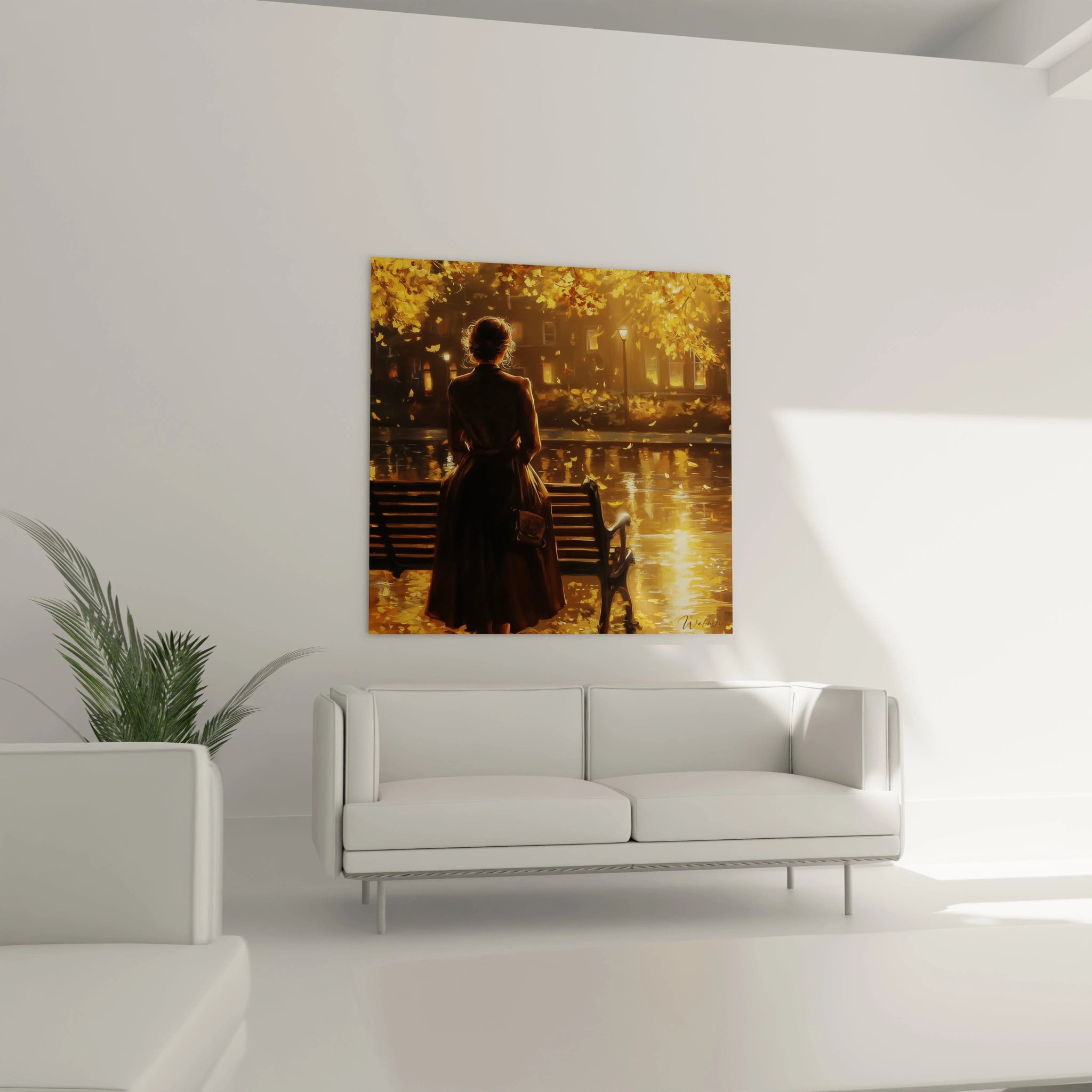 Walensky tableau femme automne mural montrant une femme de dos près d'un banc au bord de l'eau éclairage doré